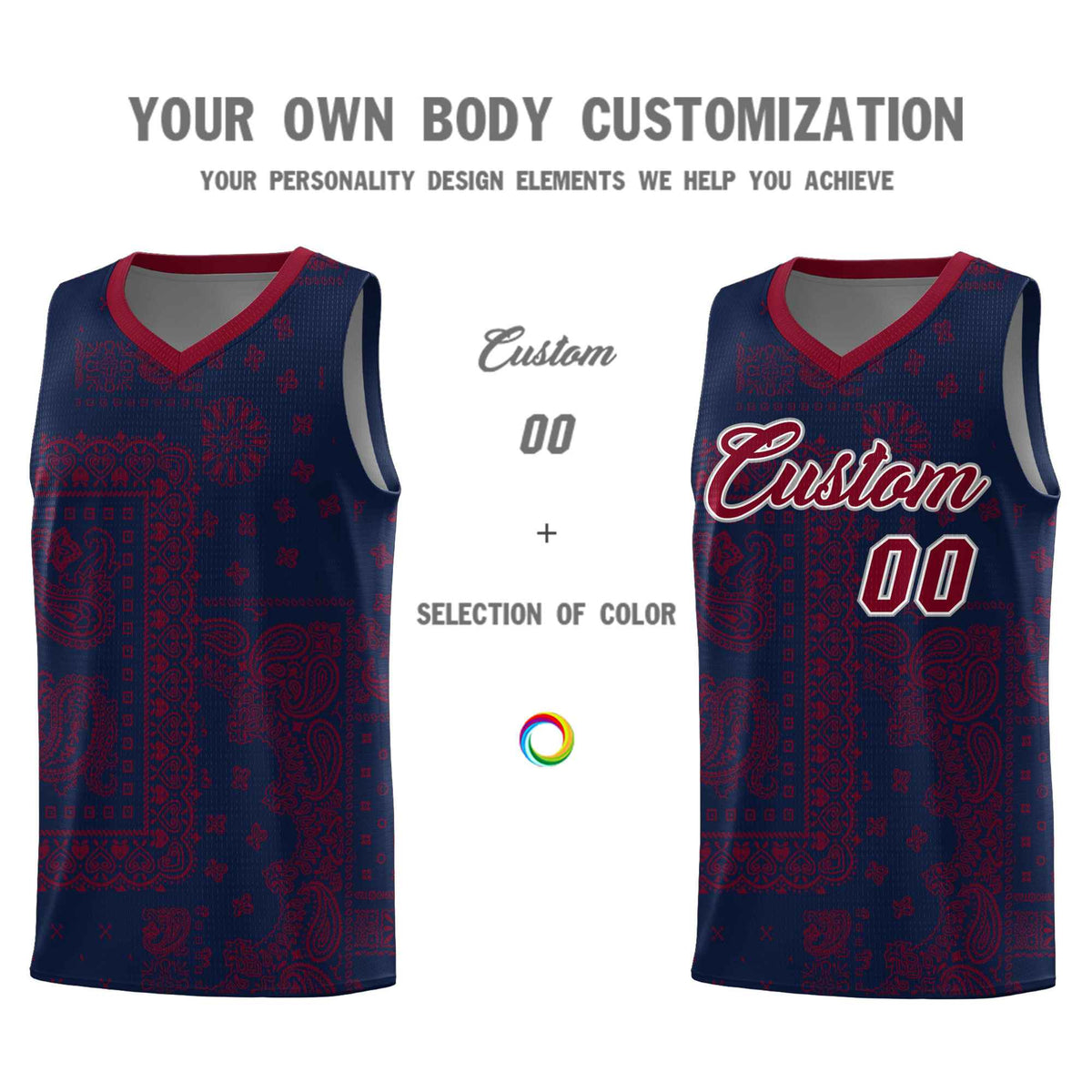 Custom Navy Basketball Kits With Crimson Cashew Flower Print Pattern