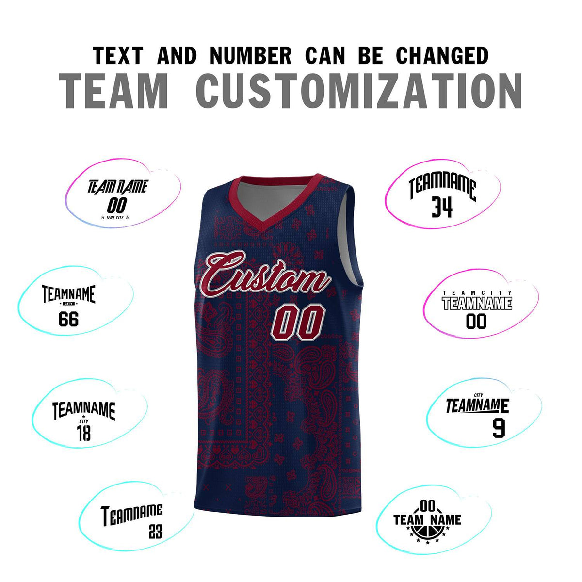 Custom Navy Basketball Kits With Crimson Cashew Flower Print Pattern