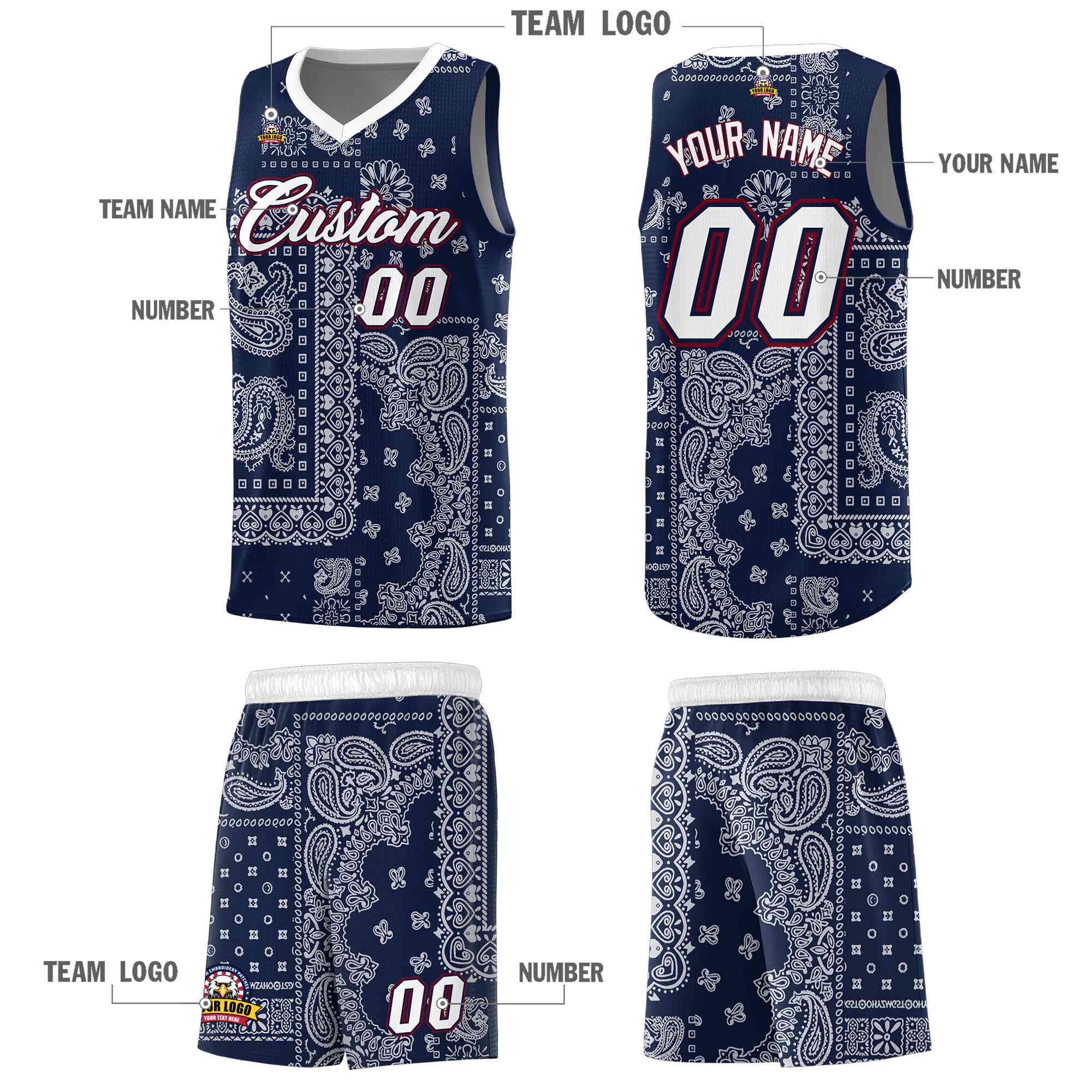 Custom Navy Basketball Kits With White Cashew Flower Print Pattern