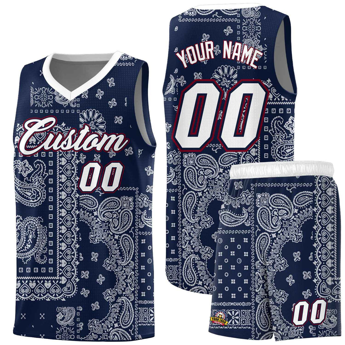 Custom Navy Basketball Kits With White Cashew Flower Print Pattern