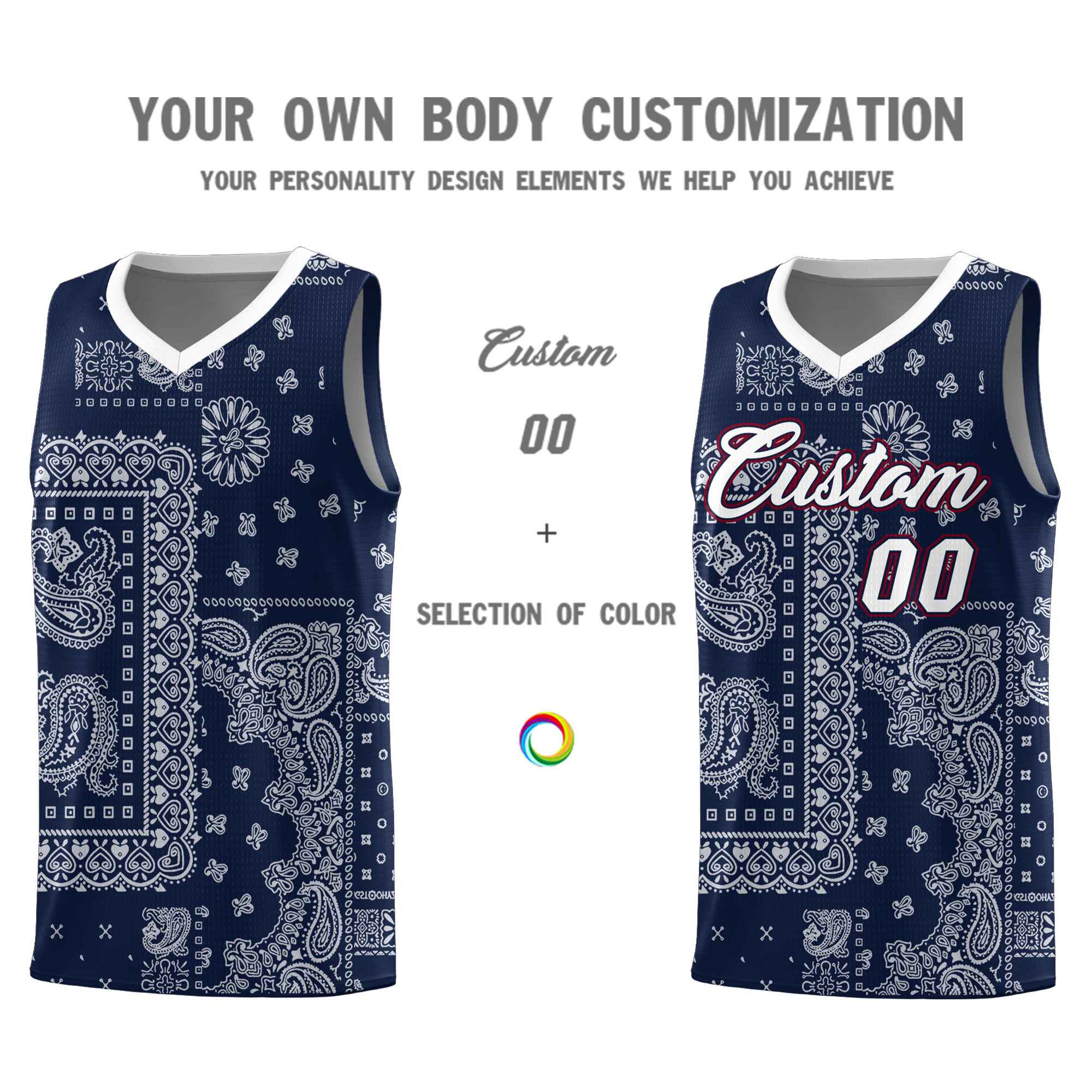 Custom Navy Basketball Kits With White Cashew Flower Print Pattern