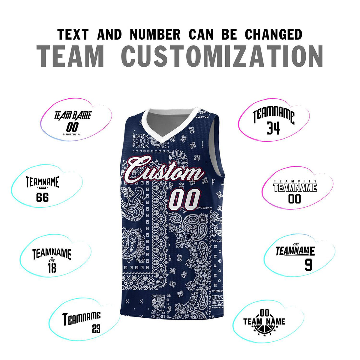 Custom Navy Basketball Kits With White Cashew Flower Print Pattern