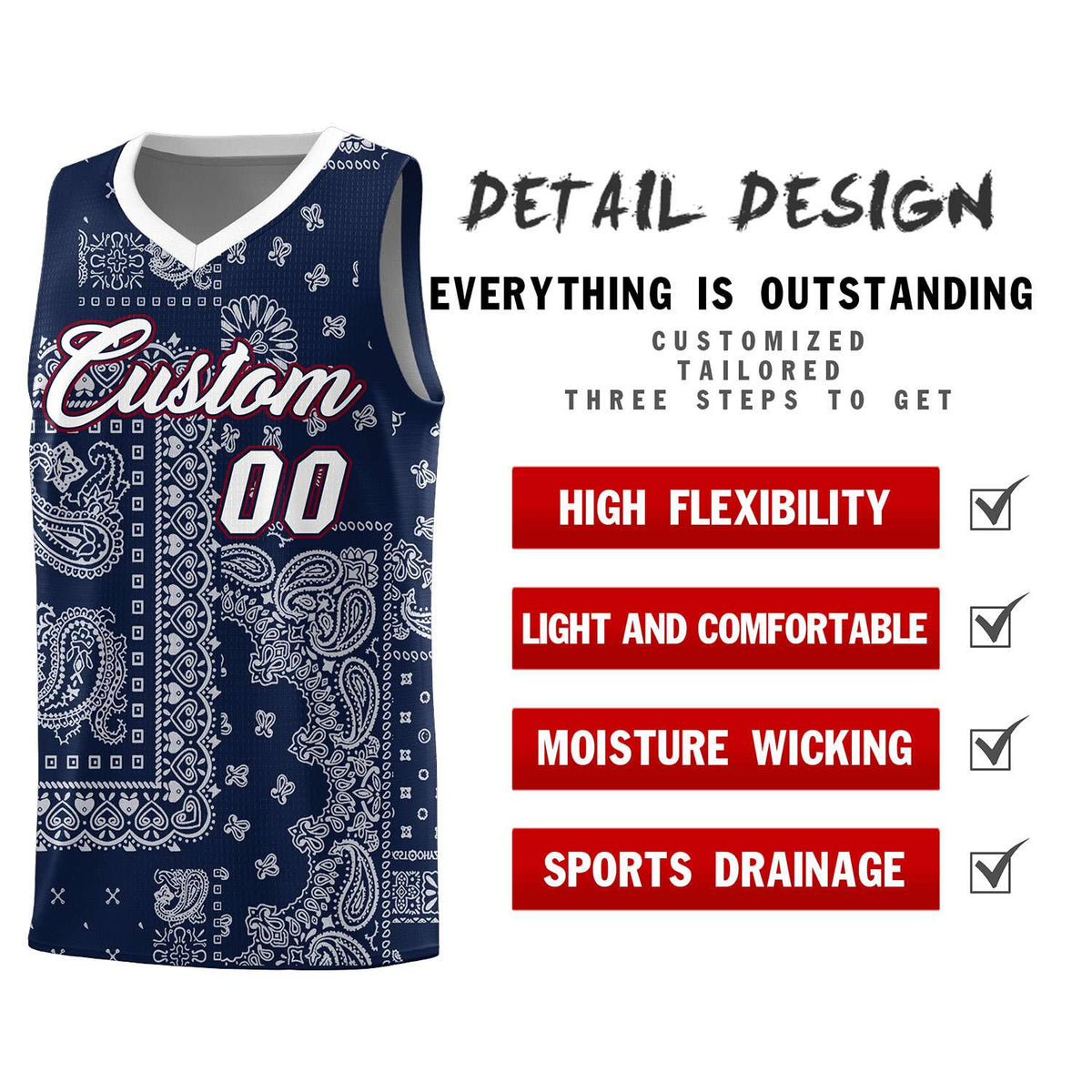 Custom Navy Basketball Kits With White Cashew Flower Print Pattern
