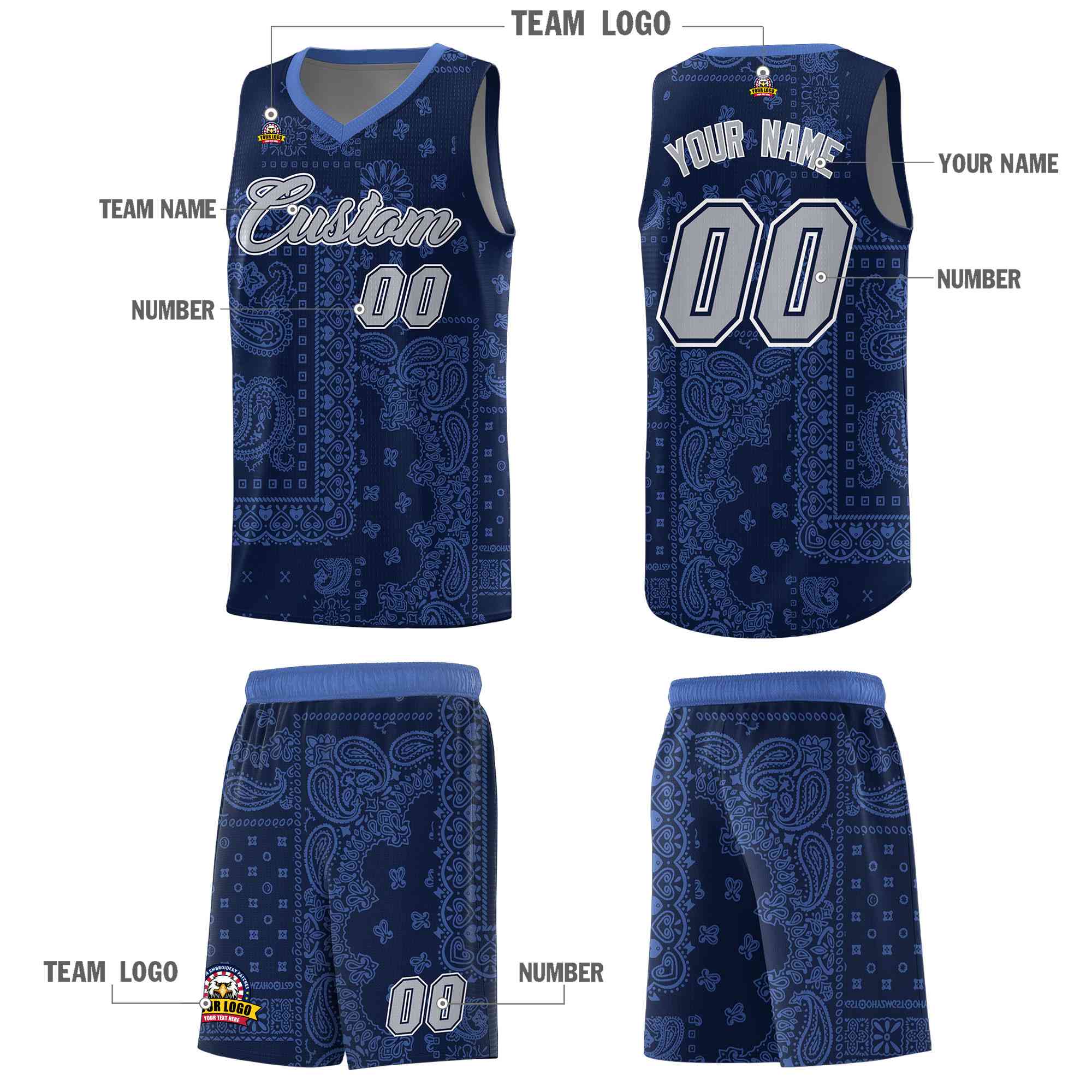 Custom Navy Basketball Kits With Light Blue Cashew Flower Print Pattern