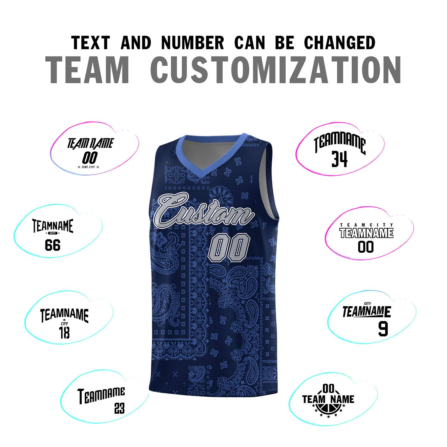 Custom Navy Basketball Kits With Light Blue Cashew Flower Print Pattern