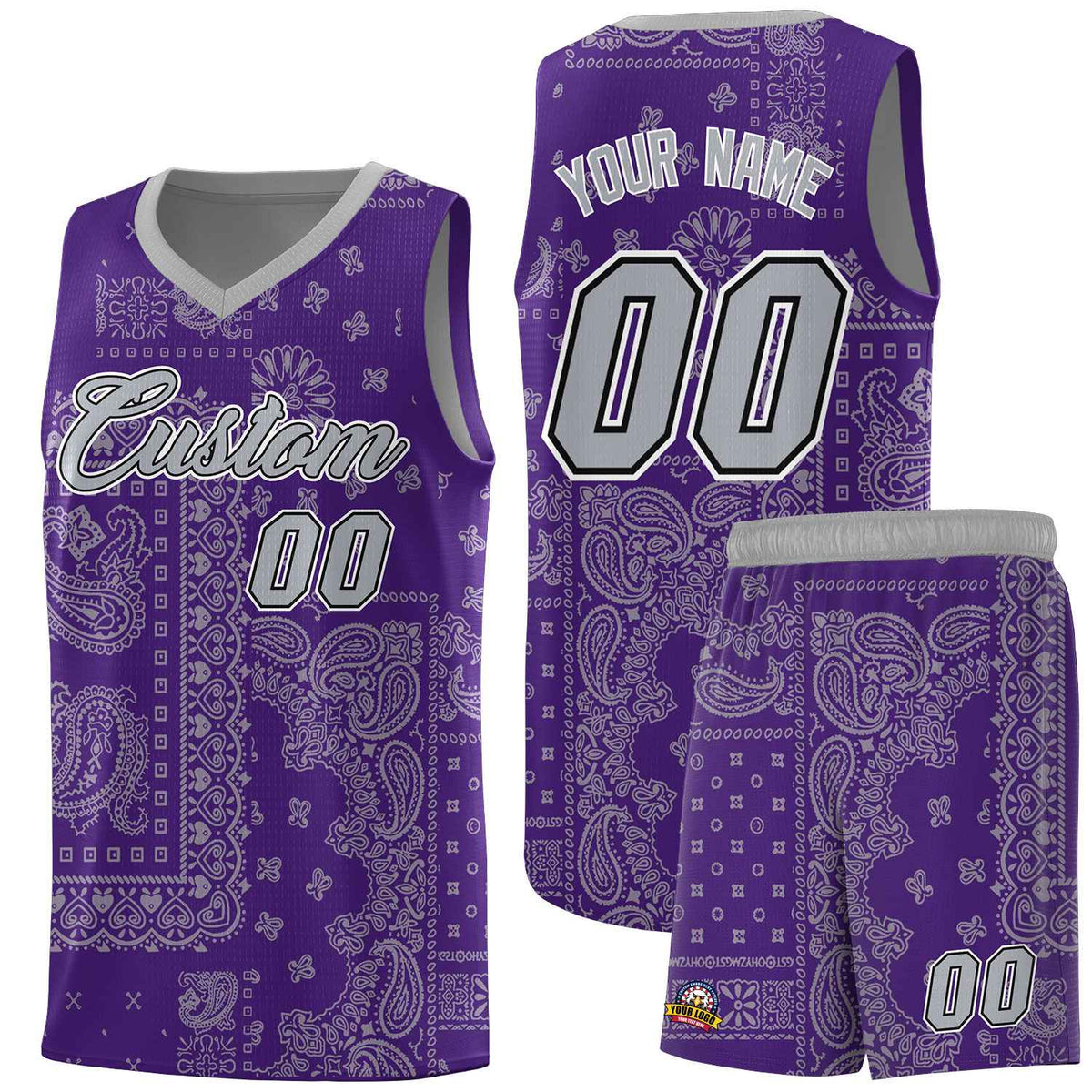 Custom Purple Basketball Kits With Gray Cashew Flower Print Pattern