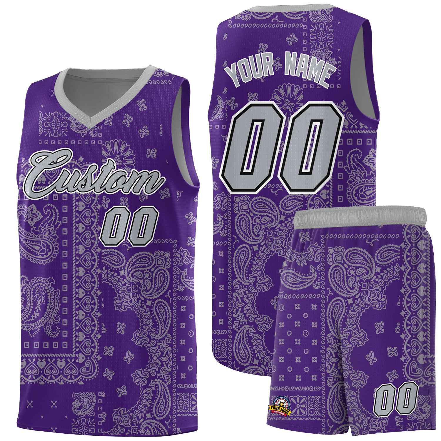 Custom Purple Basketball Kits With Gray Cashew Flower Print Pattern
