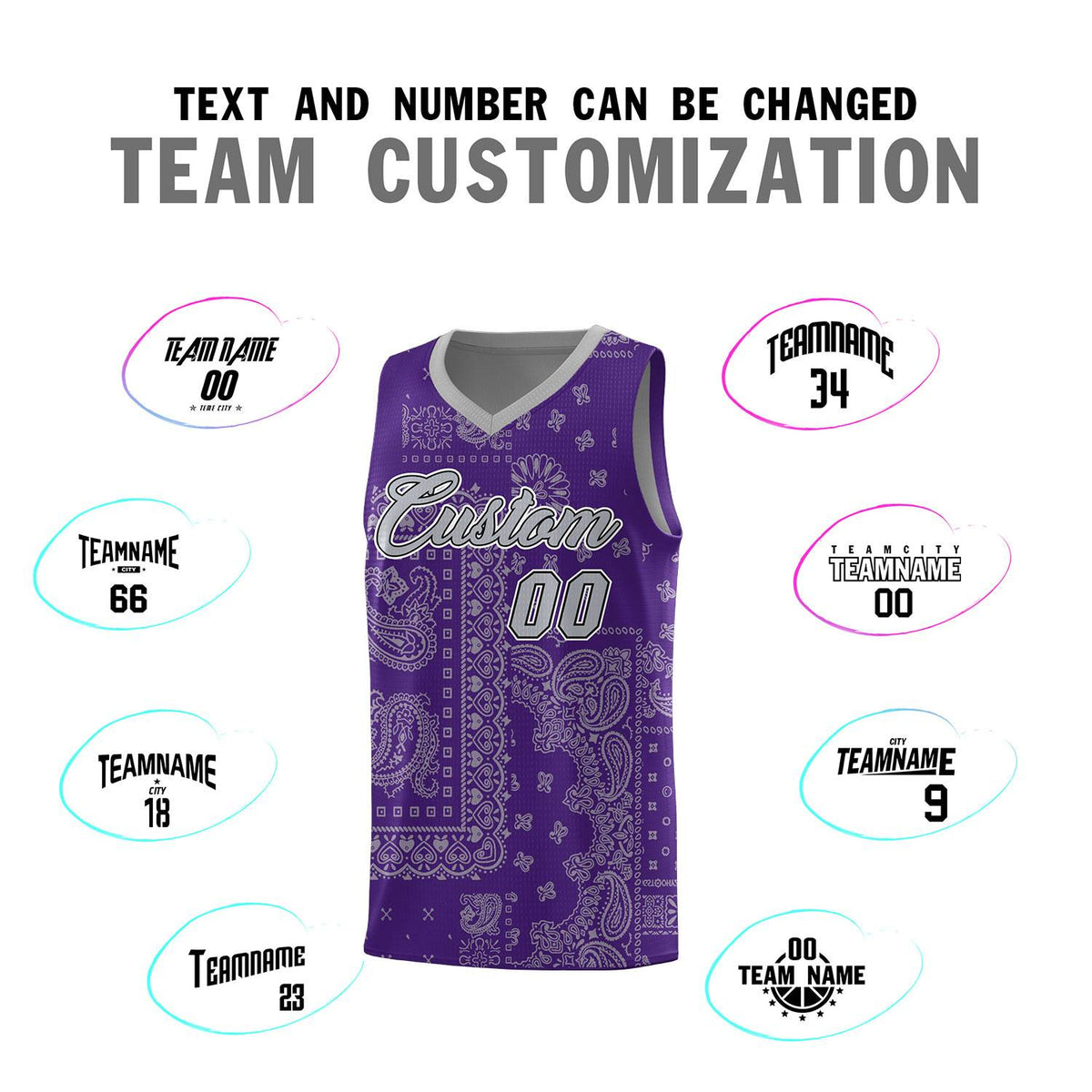 Custom Purple Basketball Kits With Gray Cashew Flower Print Pattern