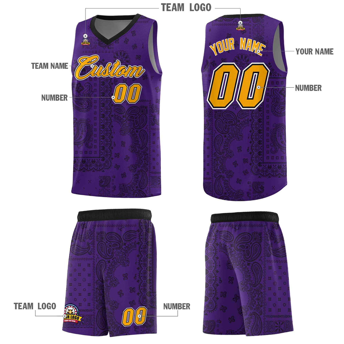Custom Purple Basketball Kits With Black Cashew Flower Print Pattern