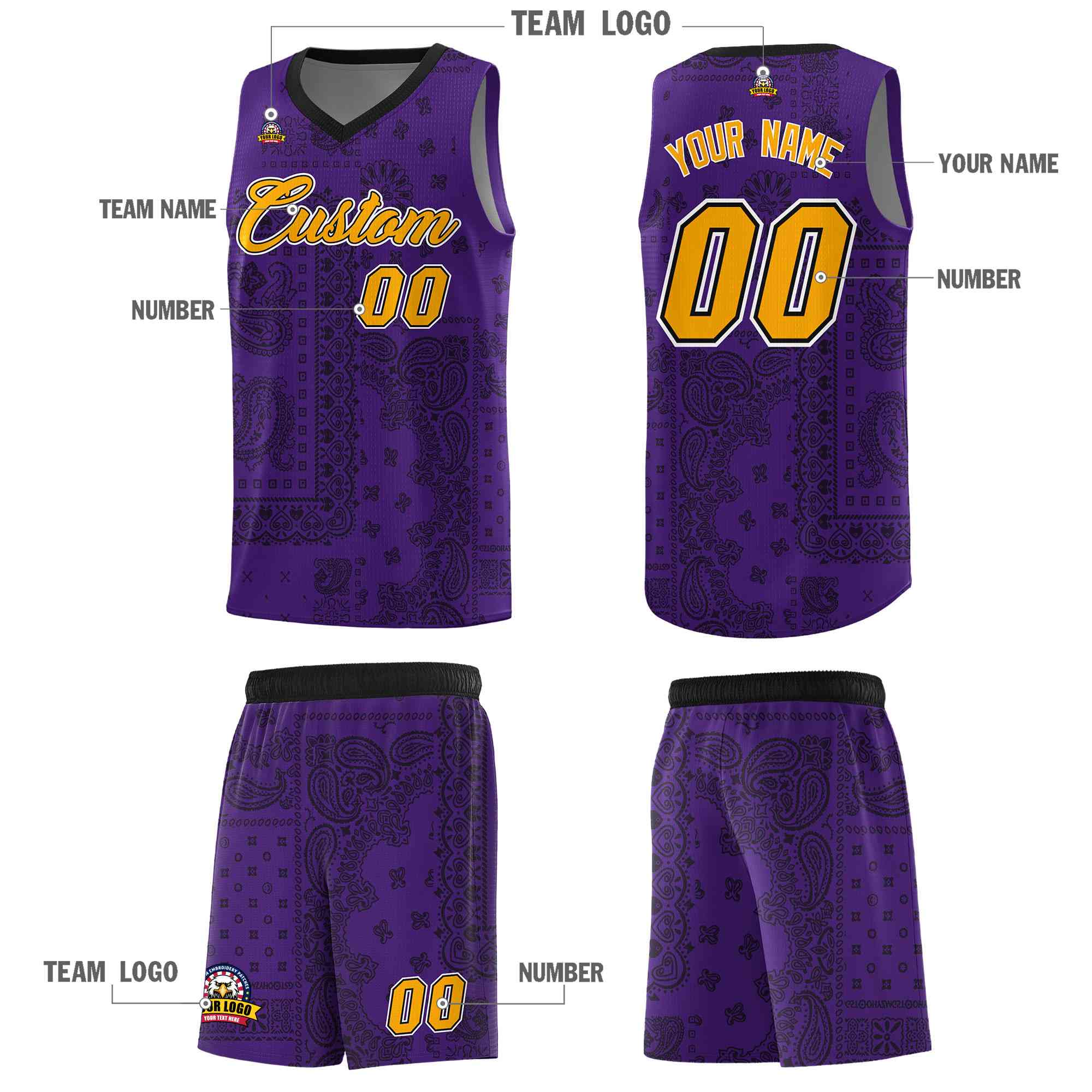 Custom Purple Basketball Kits With Black Cashew Flower Print Pattern