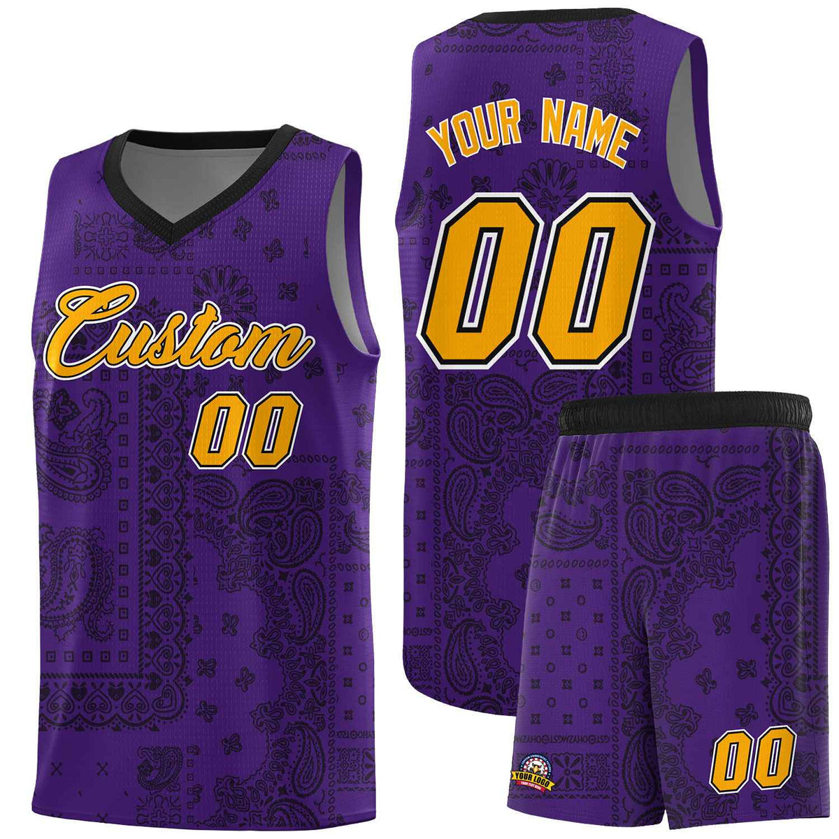 Custom Purple Basketball Kits With Black Cashew Flower Print Pattern