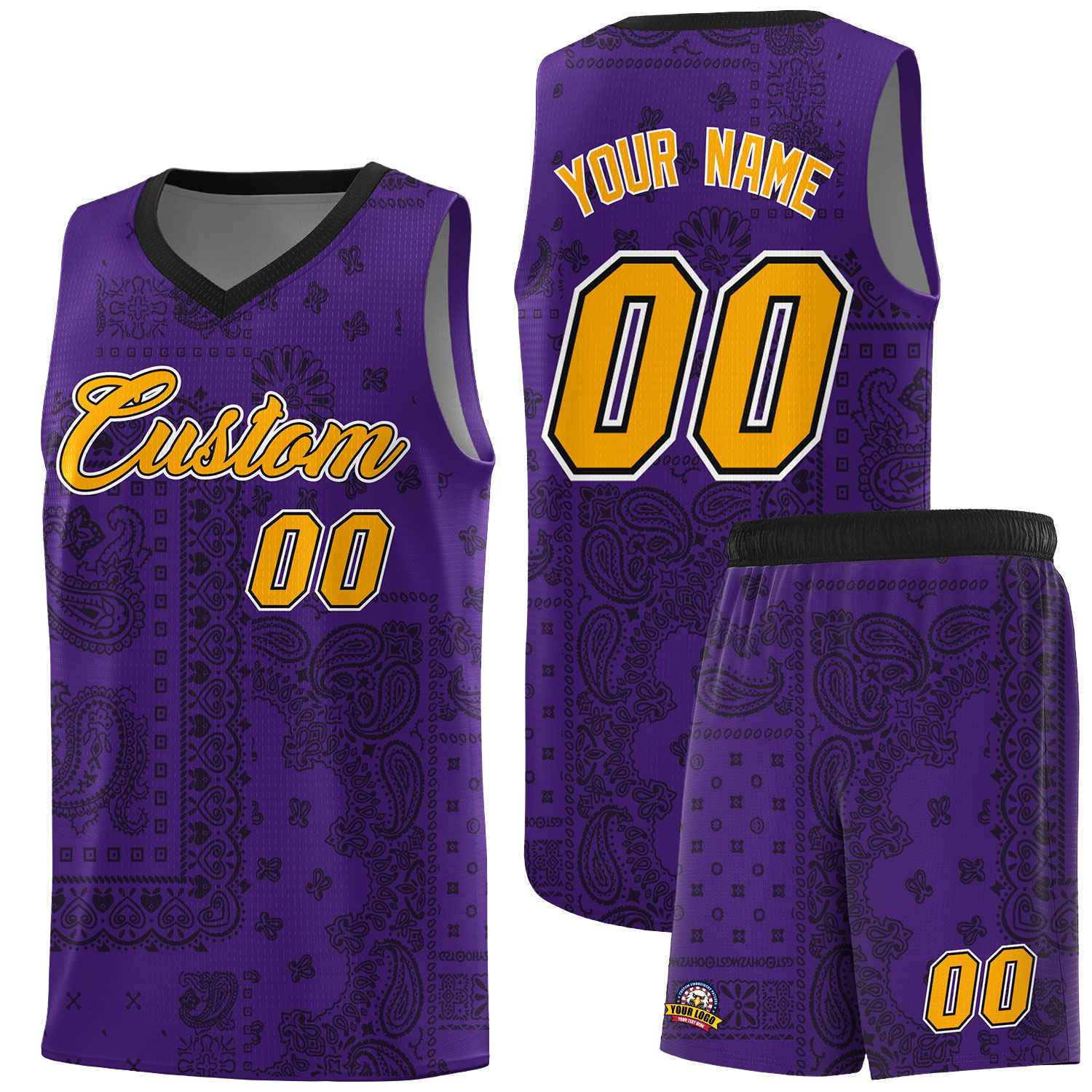 Custom Purple Basketball Kits With Black Cashew Flower Print Pattern