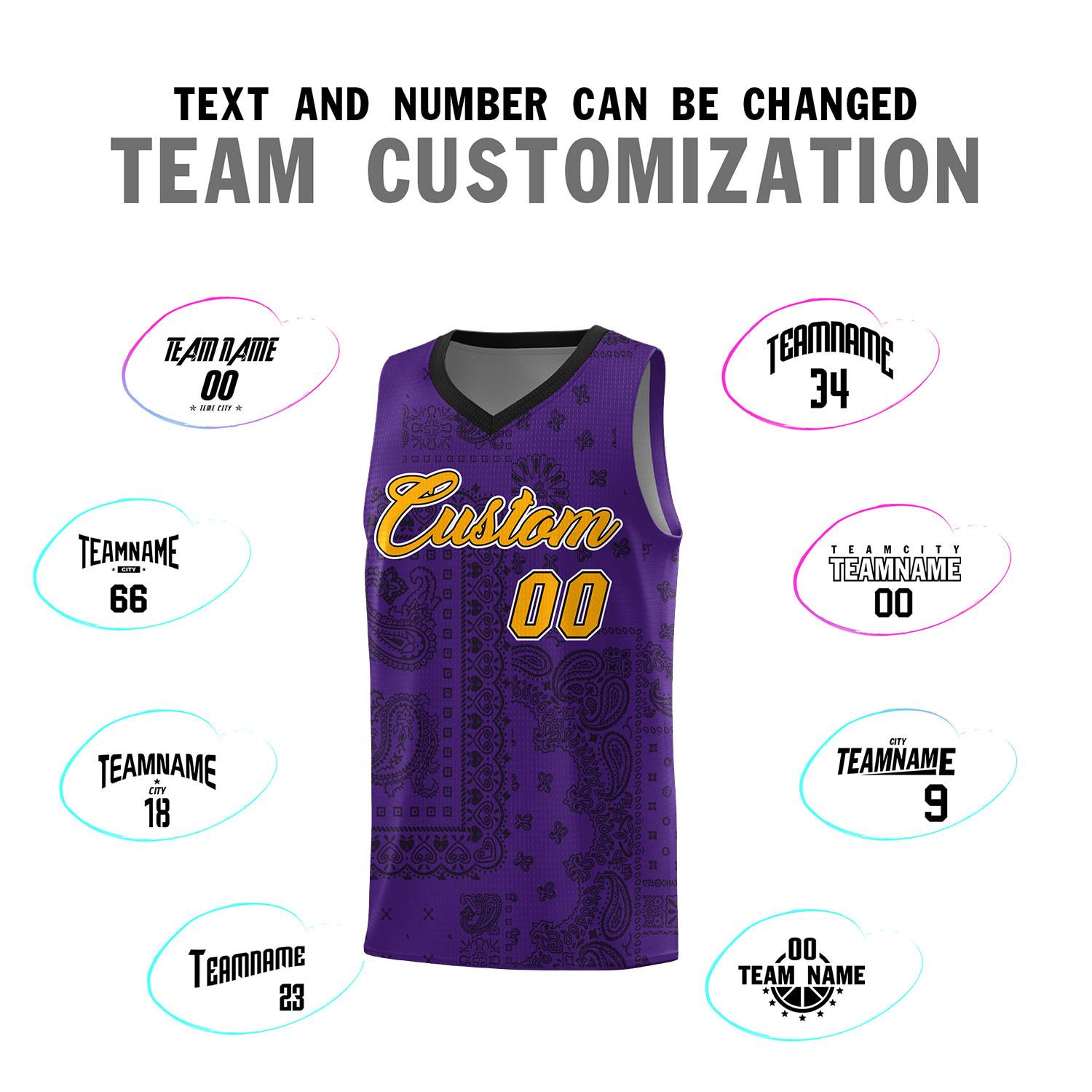 Custom Purple Basketball Kits With Black Cashew Flower Print Pattern