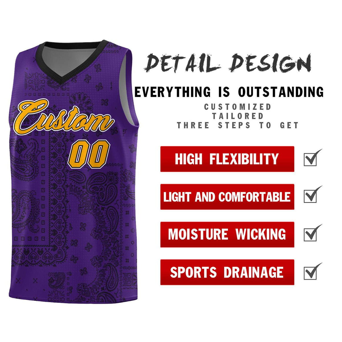 Custom Purple Basketball Kits With Black Cashew Flower Print Pattern