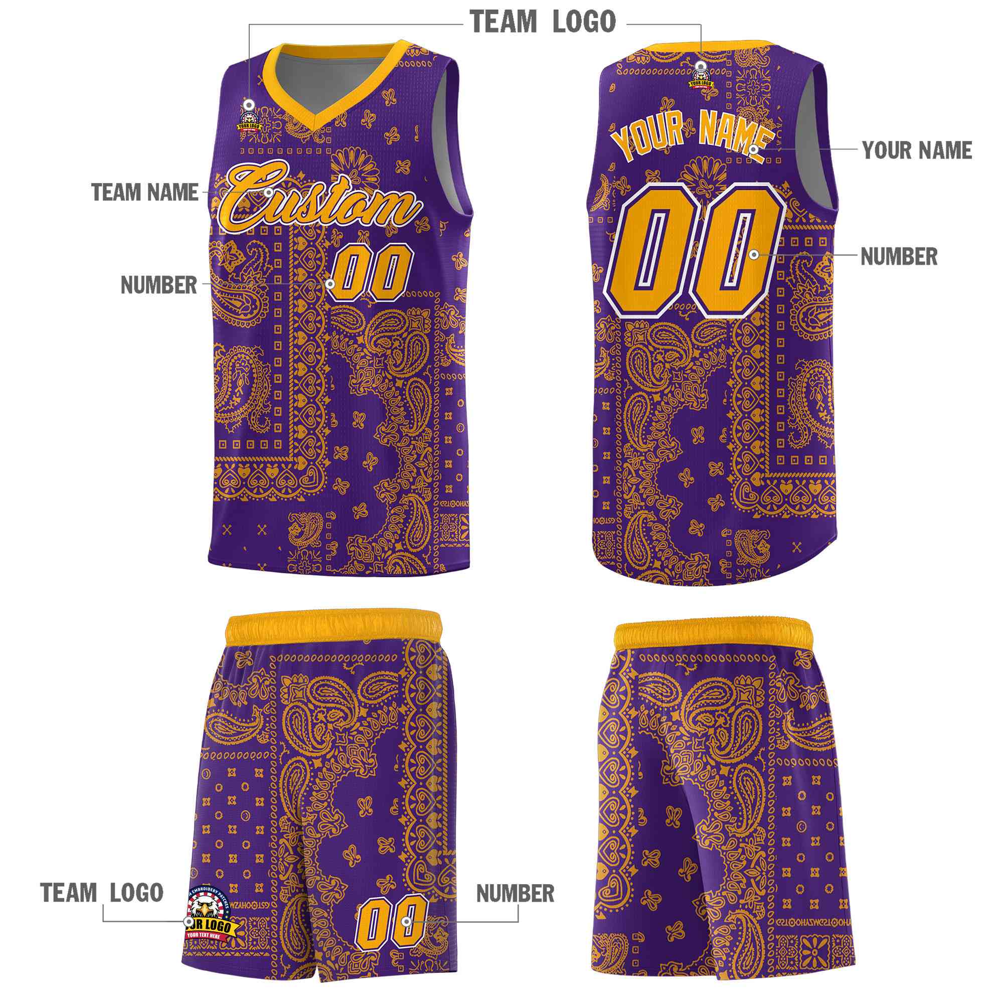 Custom Purple Basketball Kits With Yellow Cashew Flower Print Pattern