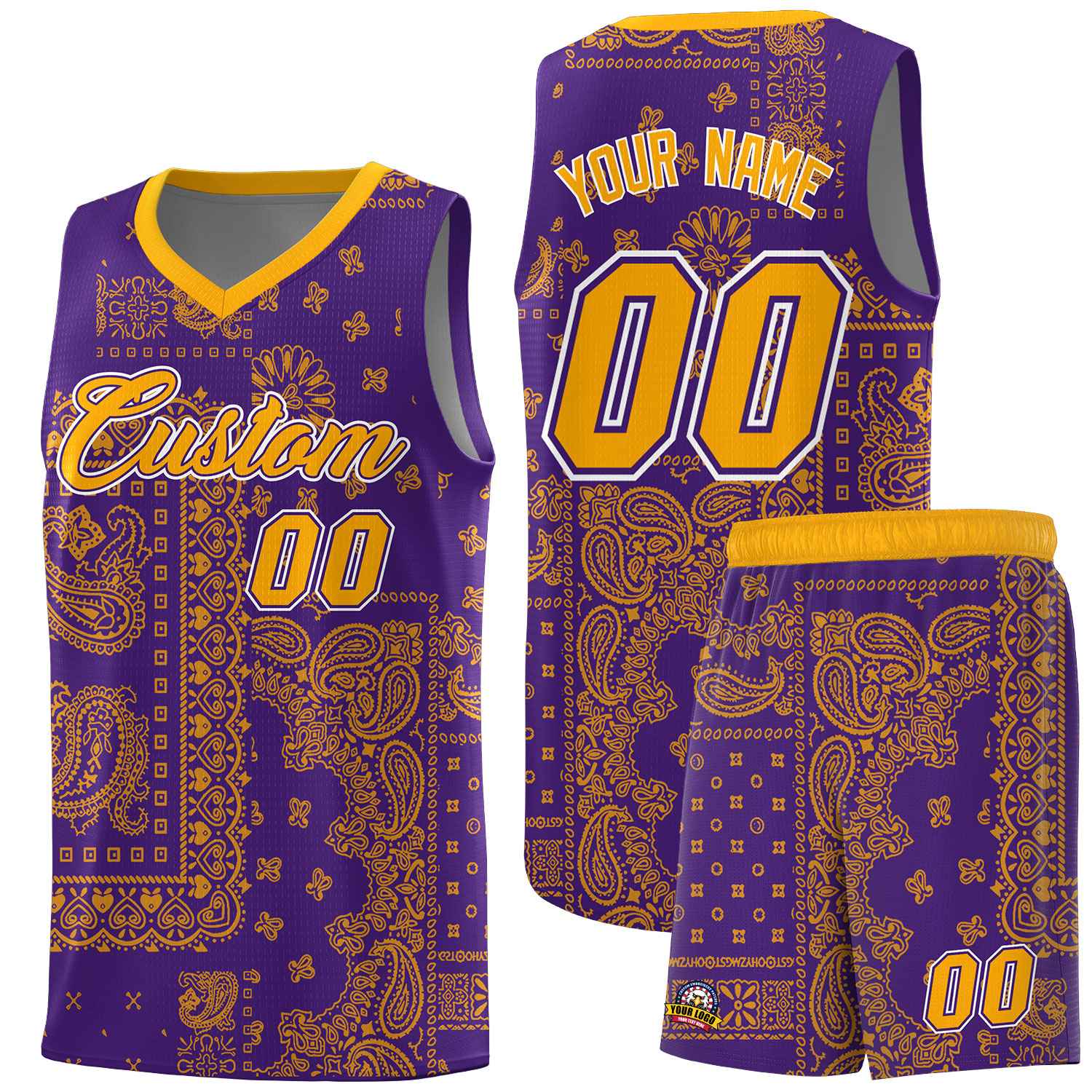 Custom Purple Basketball Kits With Yellow Cashew Flower Print Pattern