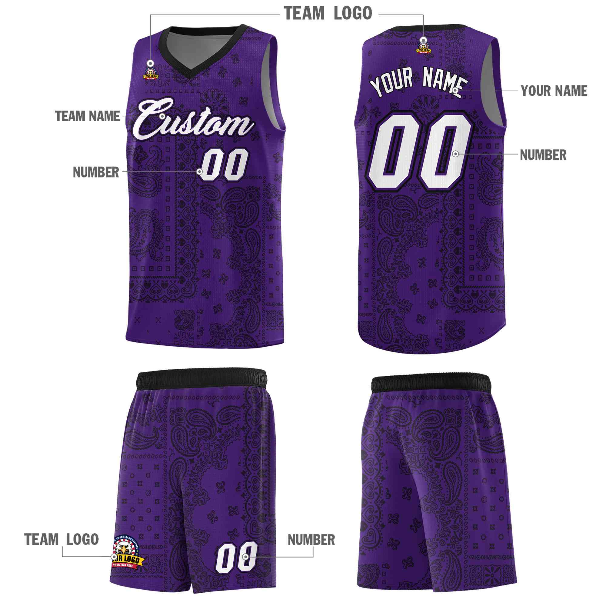 Custom Purple Basketball Kits With Black Cashew Flower Print Pattern