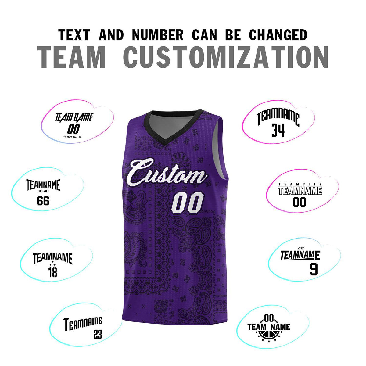 Custom Purple Basketball Kits With Black Cashew Flower Print Pattern