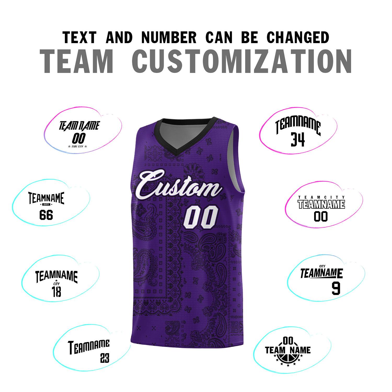 Custom Purple Basketball Kits With Black Cashew Flower Print Pattern