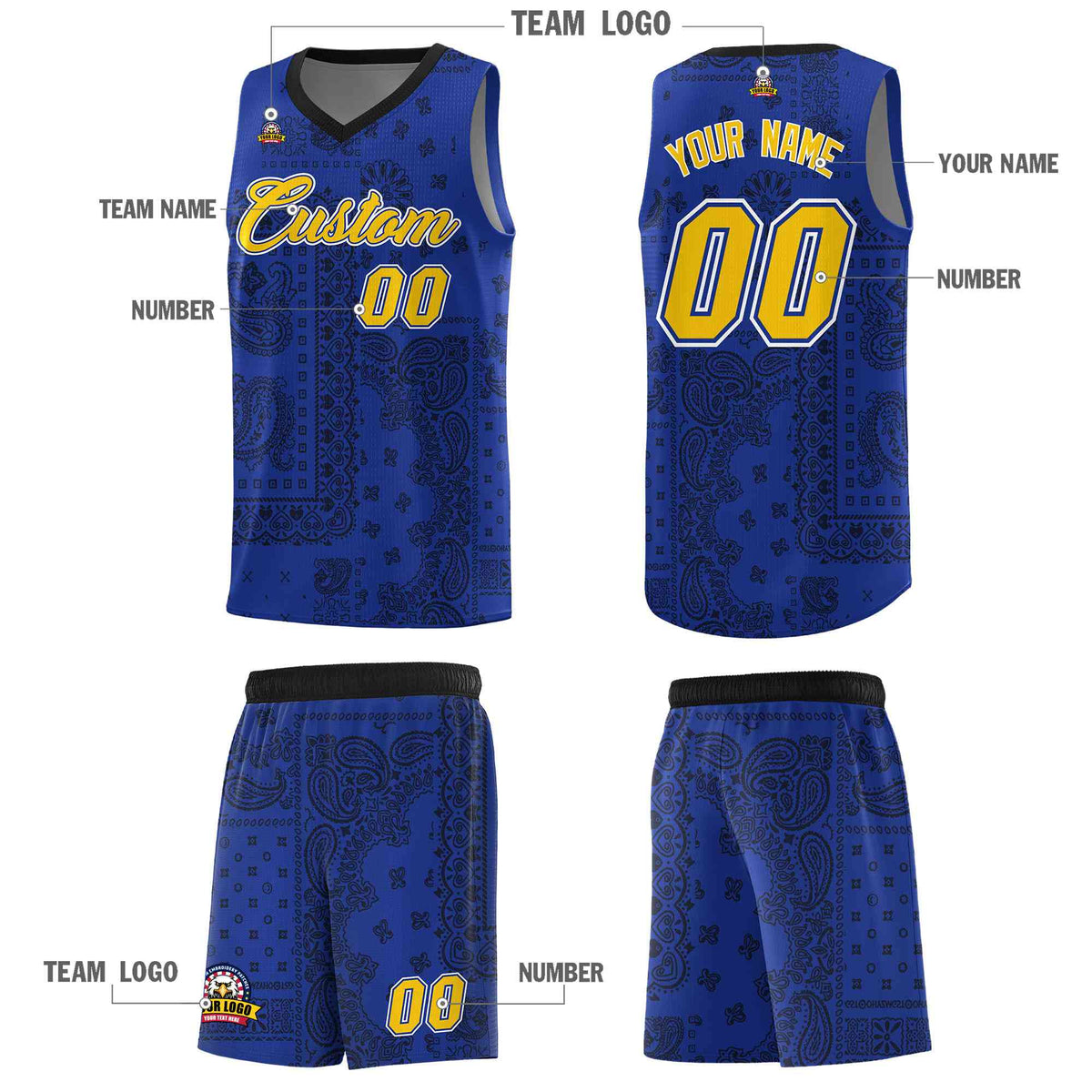 Custom Royal Basketball Kits With Black Cashew Flower Print Pattern