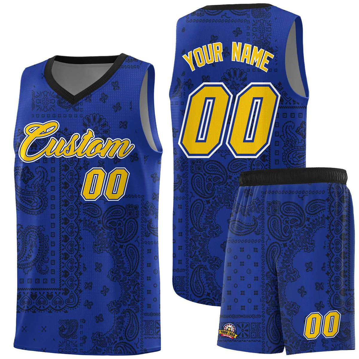 Custom Royal Basketball Kits With Black Cashew Flower Print Pattern