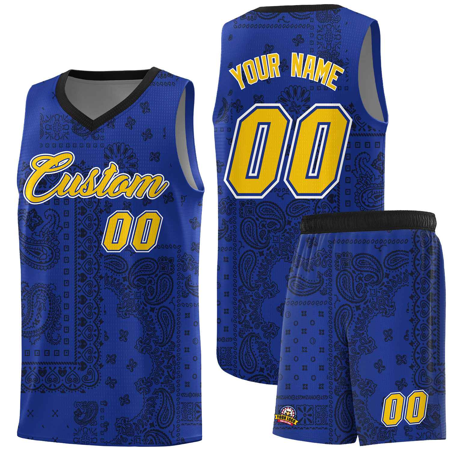 Custom Royal Basketball Kits With Black Cashew Flower Print Pattern
