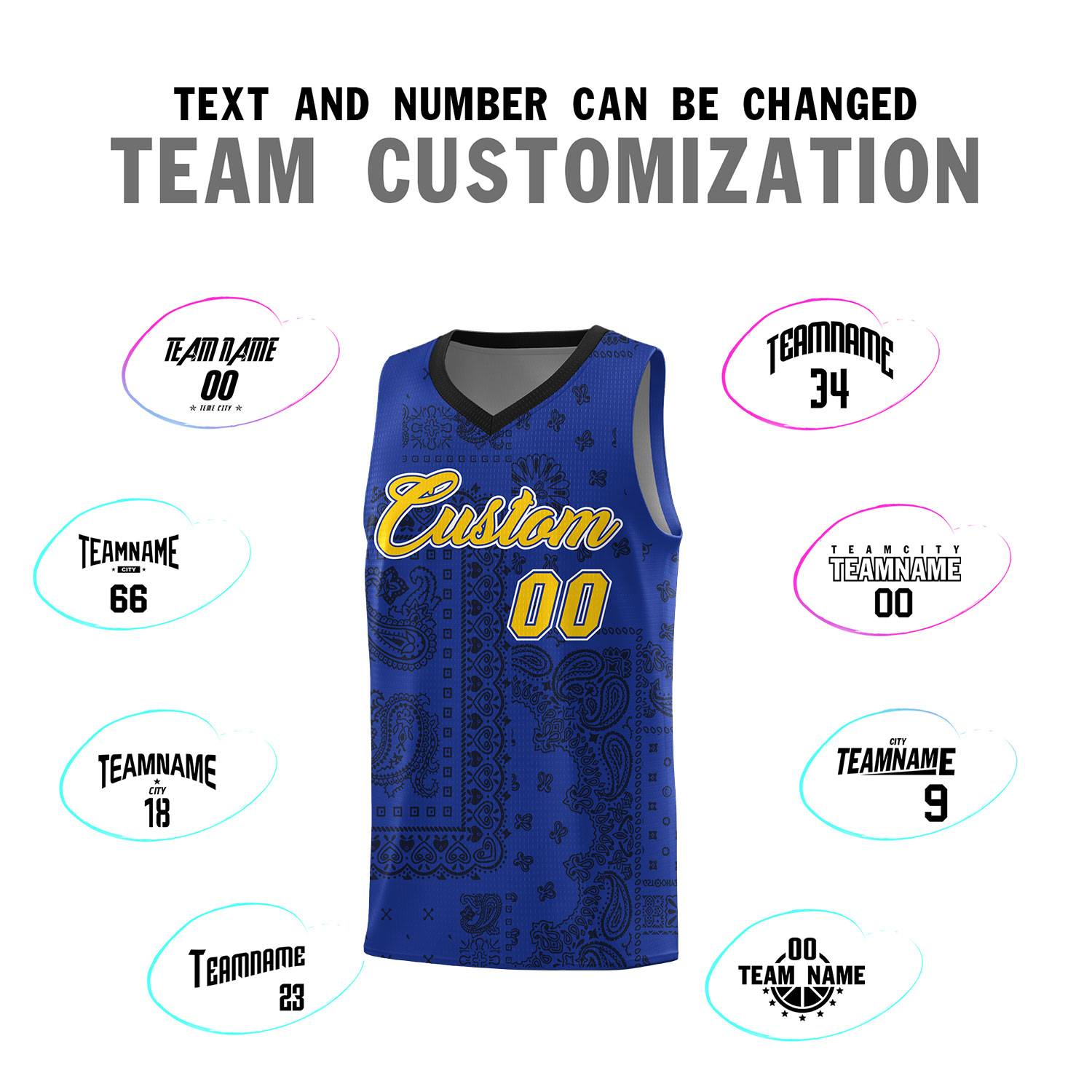 Custom Royal Basketball Kits With Black Cashew Flower Print Pattern