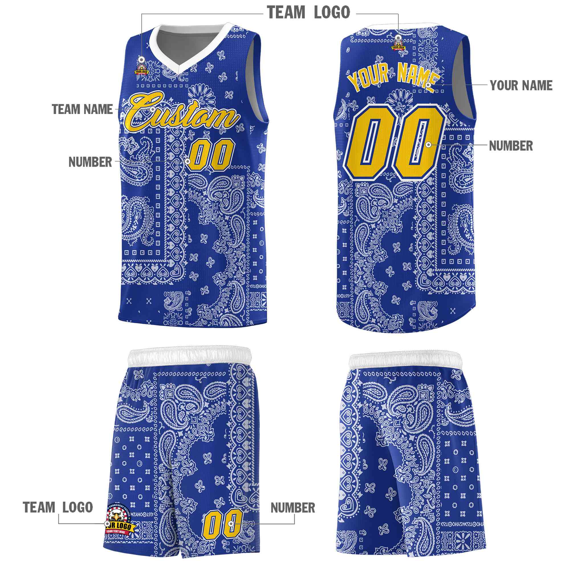 Custom Royal Basketball Kits With White Cashew Flower Print Pattern