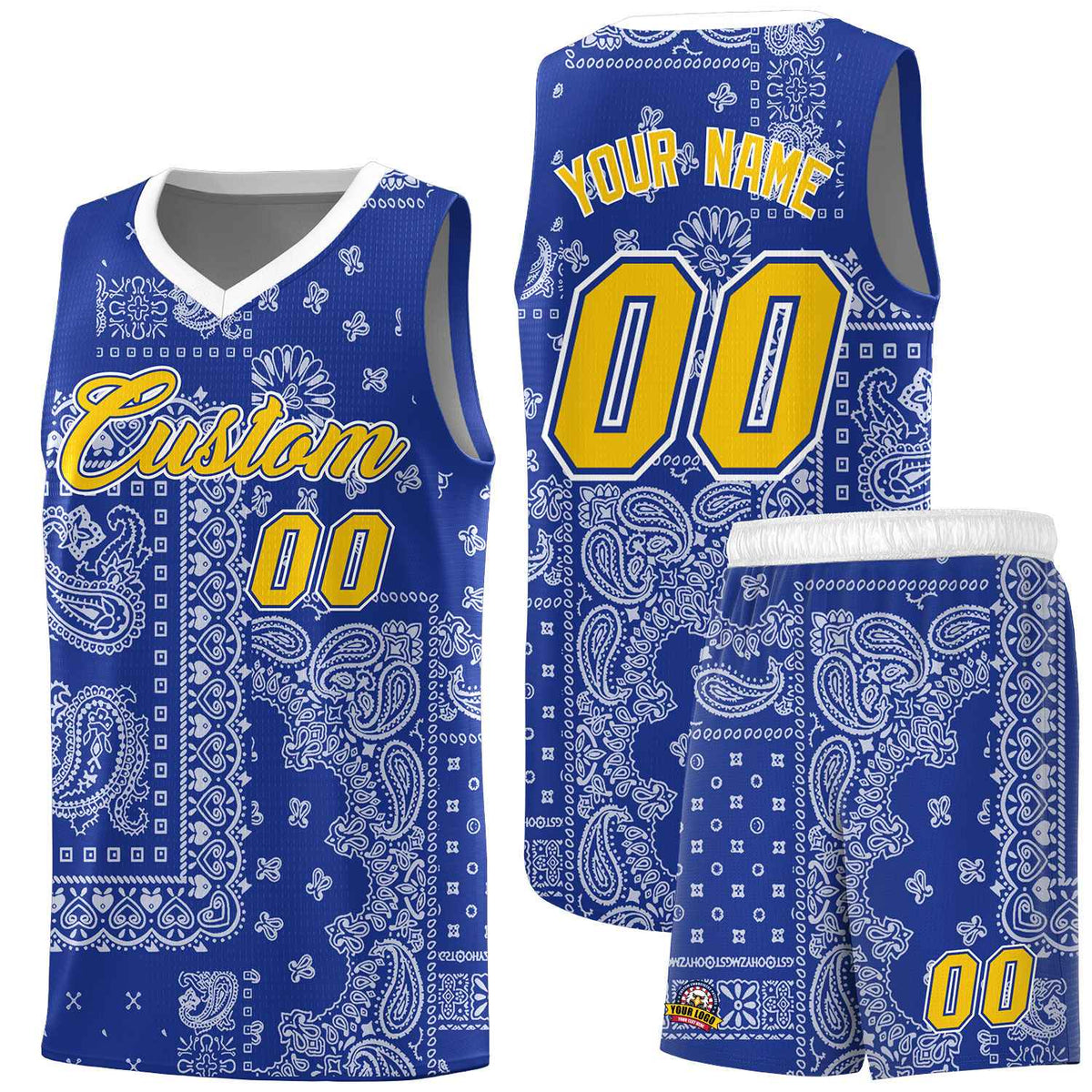 Custom Royal Basketball Kits With White Cashew Flower Print Pattern