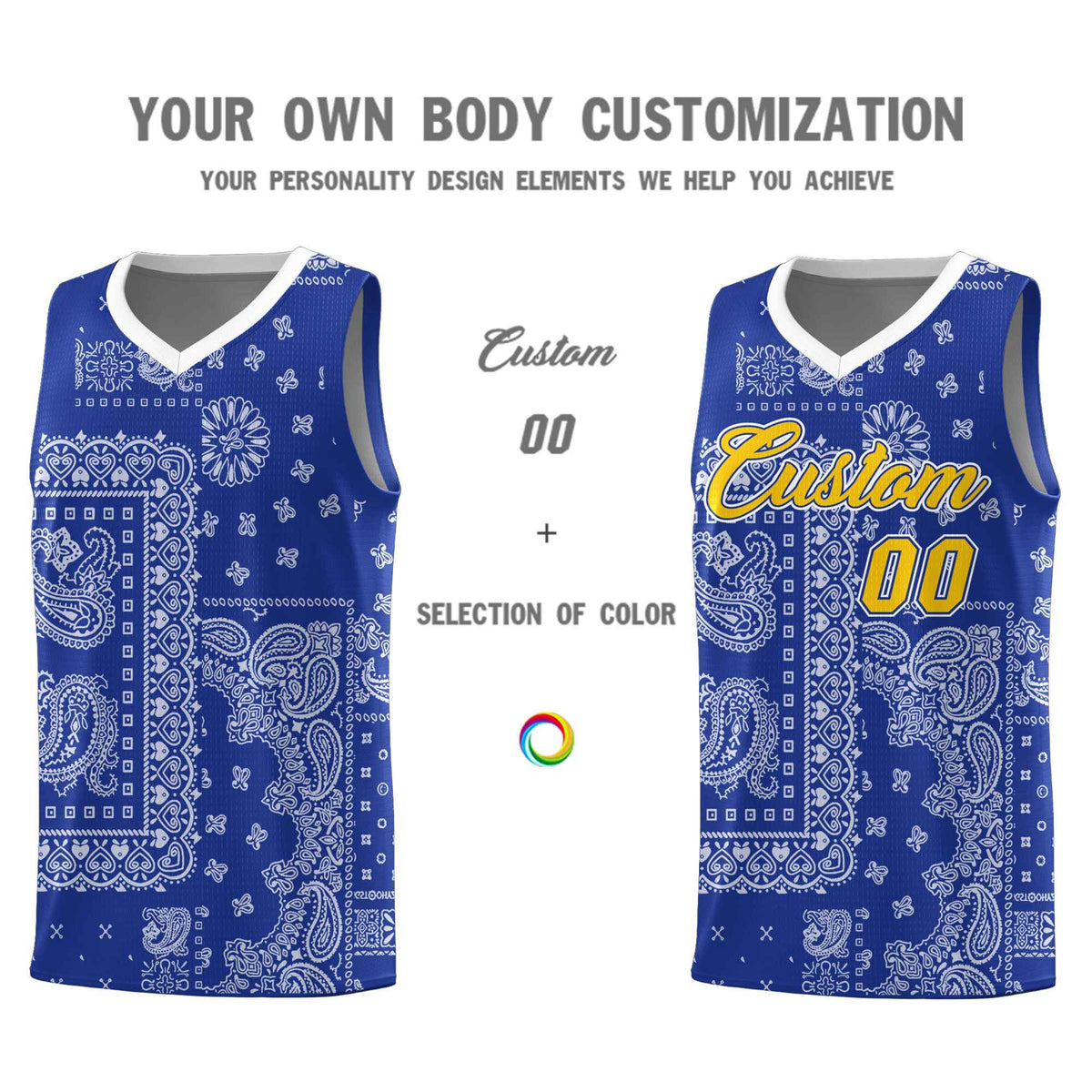 Custom Royal Basketball Kits With White Cashew Flower Print Pattern