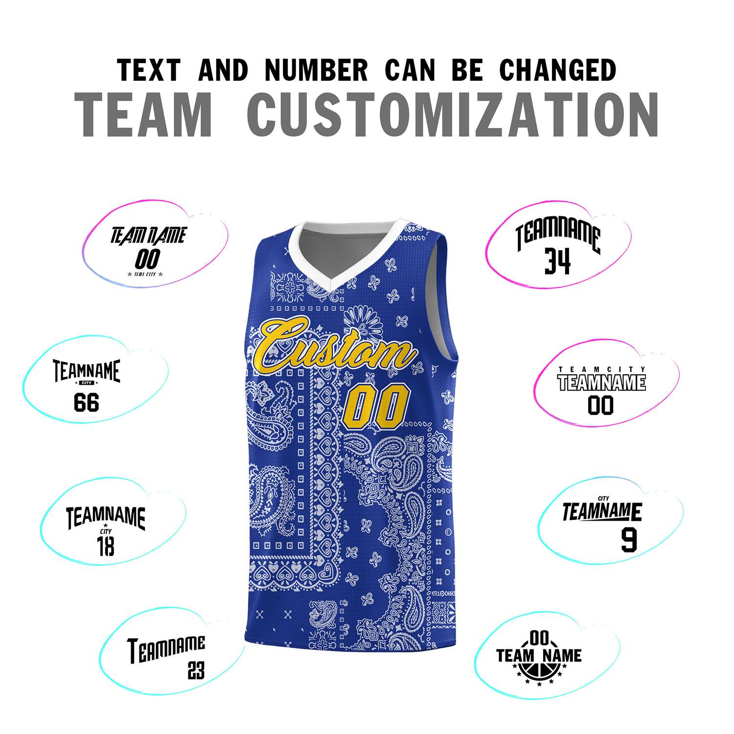 Custom Royal Basketball Kits With White Cashew Flower Print Pattern
