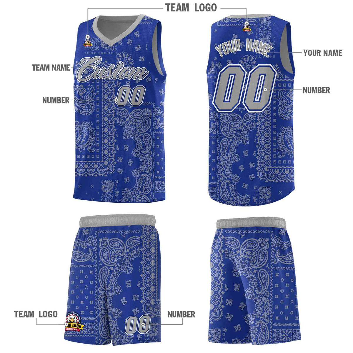 Custom Royal Basketball Kits With Silver Cashew Flower Print Pattern
