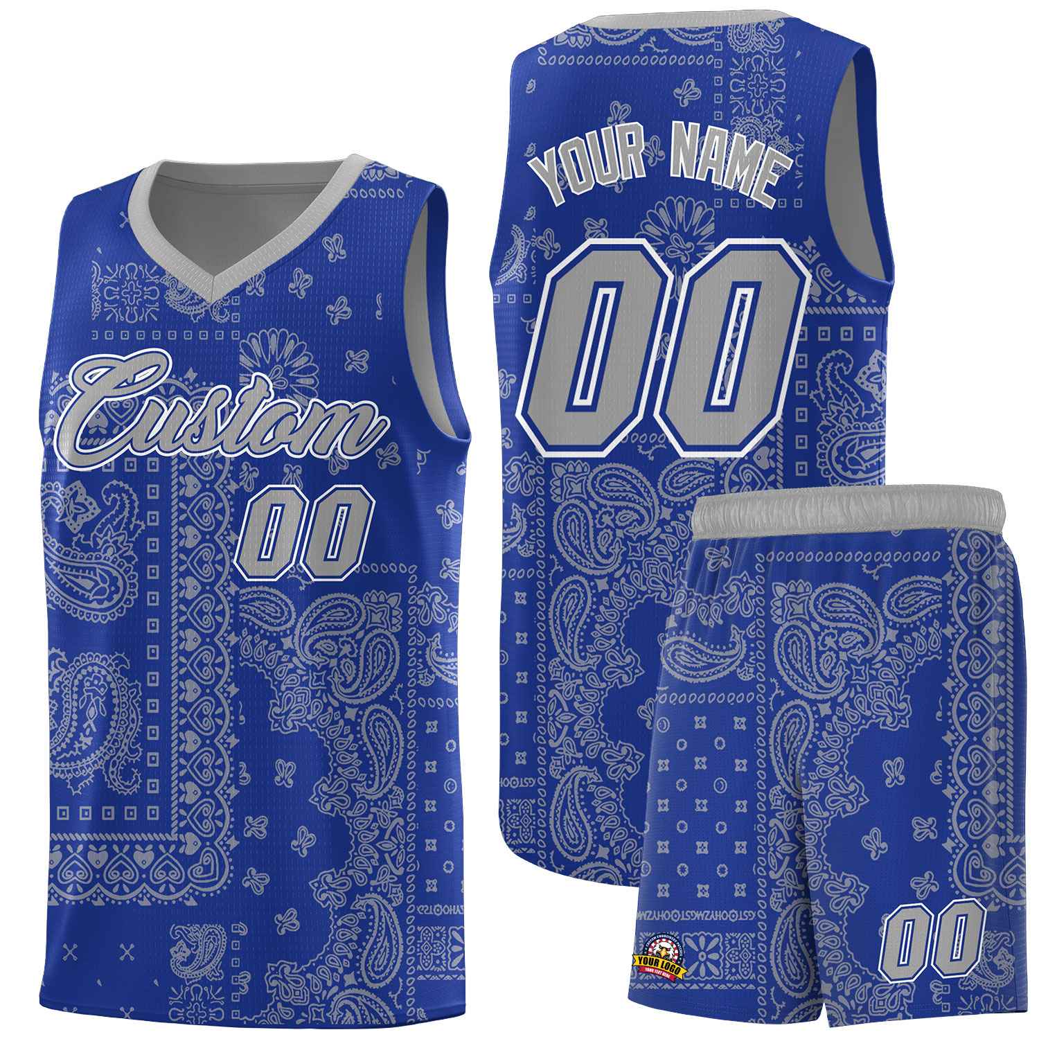 Custom Royal Basketball Kits With Silver Cashew Flower Print Pattern