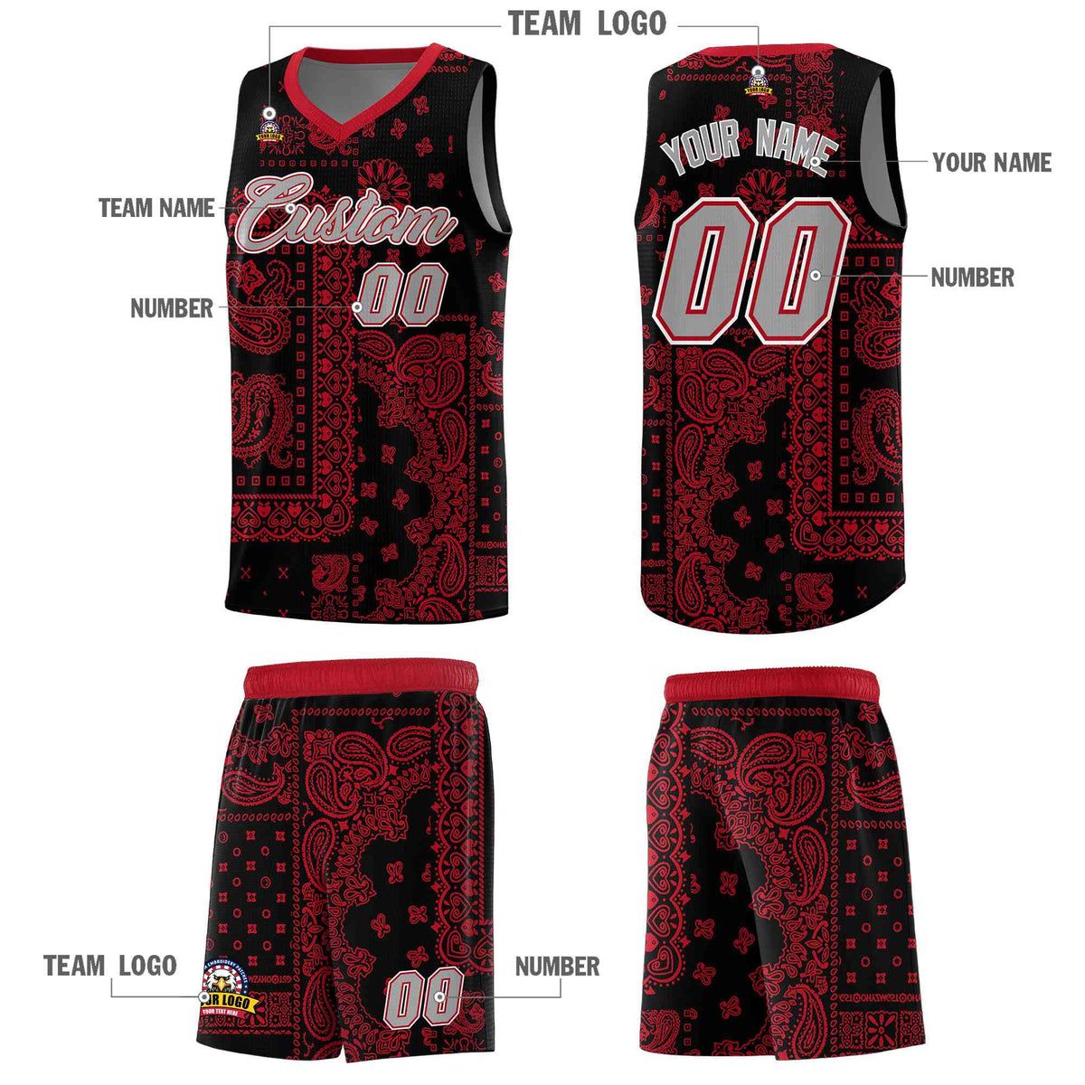 Custom Black Basketball Kits With Red Cashew Flower Print Pattern