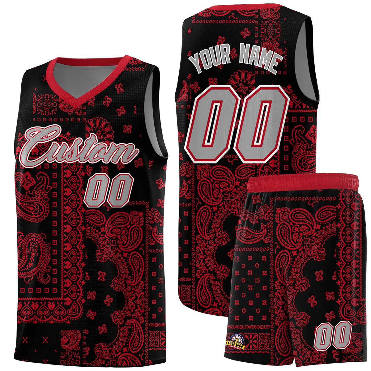 Custom Black Basketball Kits With Red Cashew Flower Print Pattern