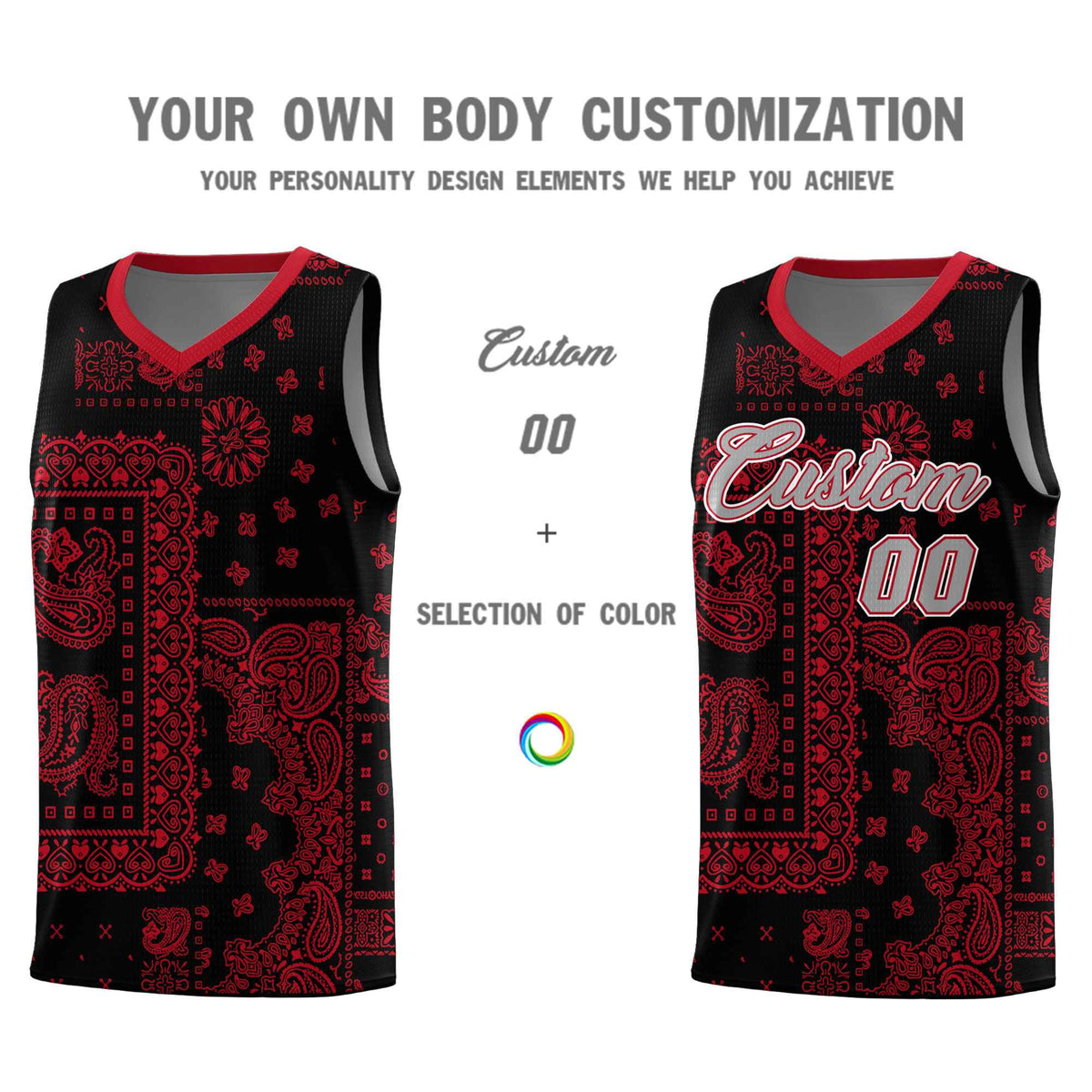 Custom Black Basketball Kits With Red Cashew Flower Print Pattern