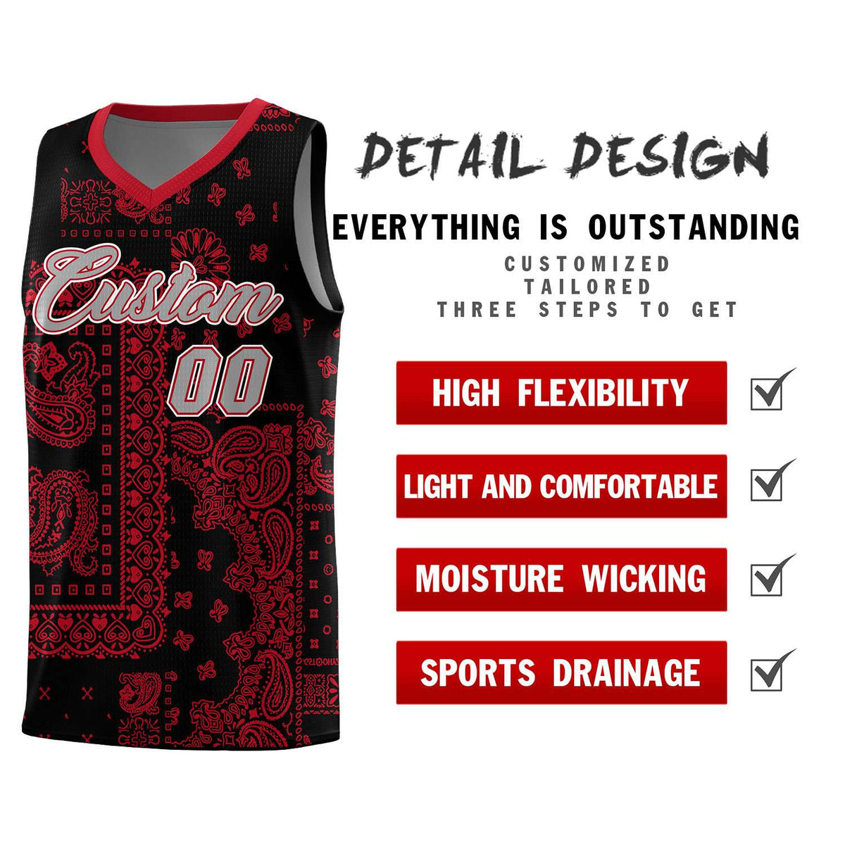 Custom Black Basketball Kits With Red Cashew Flower Print Pattern