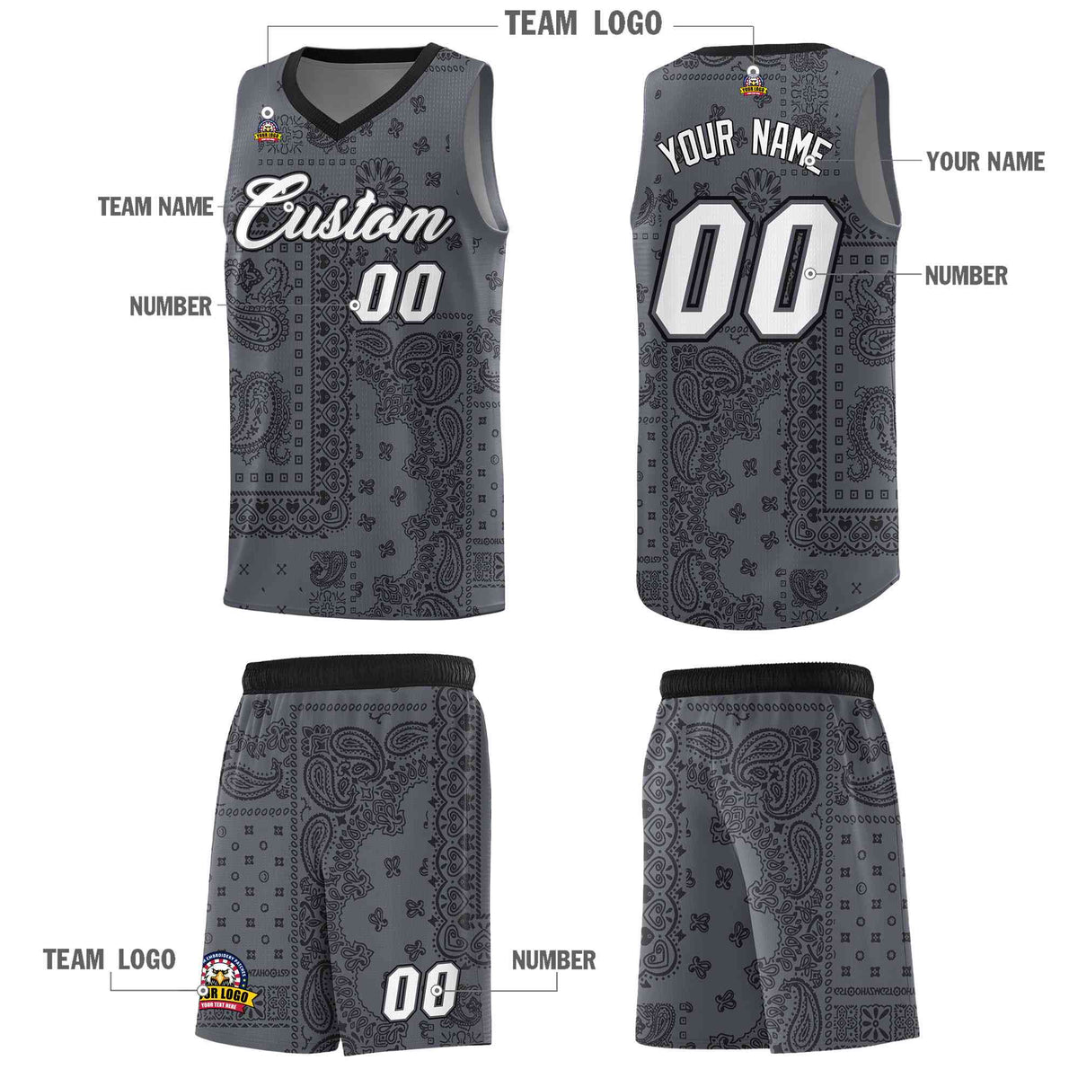 Custom Gray Basketball Kits With Black Cashew Flower Print Pattern