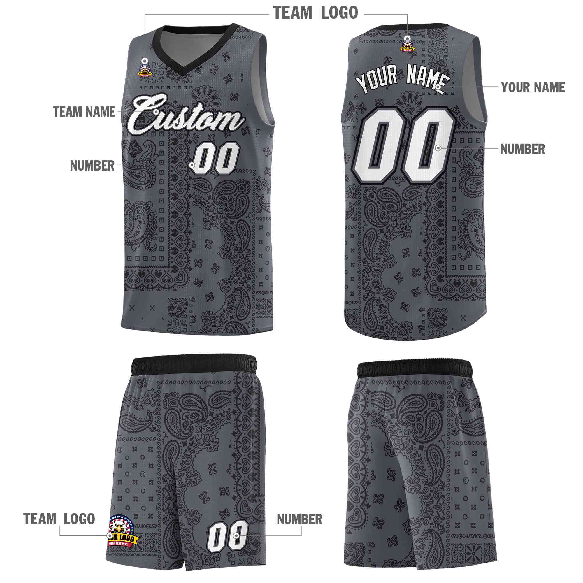 Custom Gray Basketball Kits With Black Cashew Flower Print Pattern