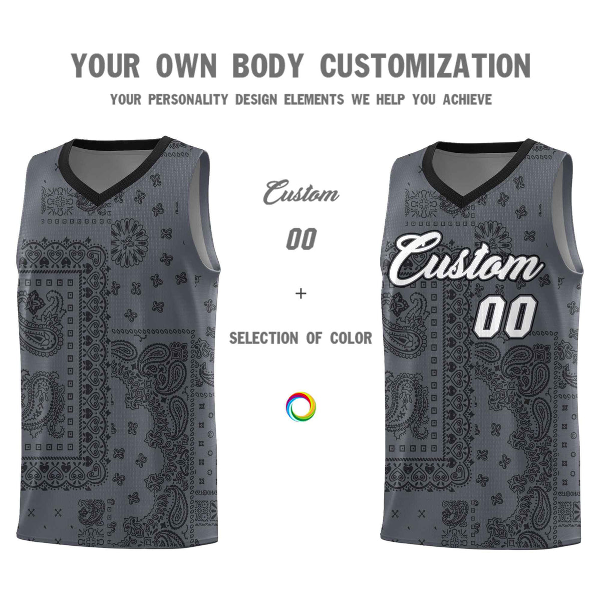 Custom Gray Basketball Kits With Black Cashew Flower Print Pattern