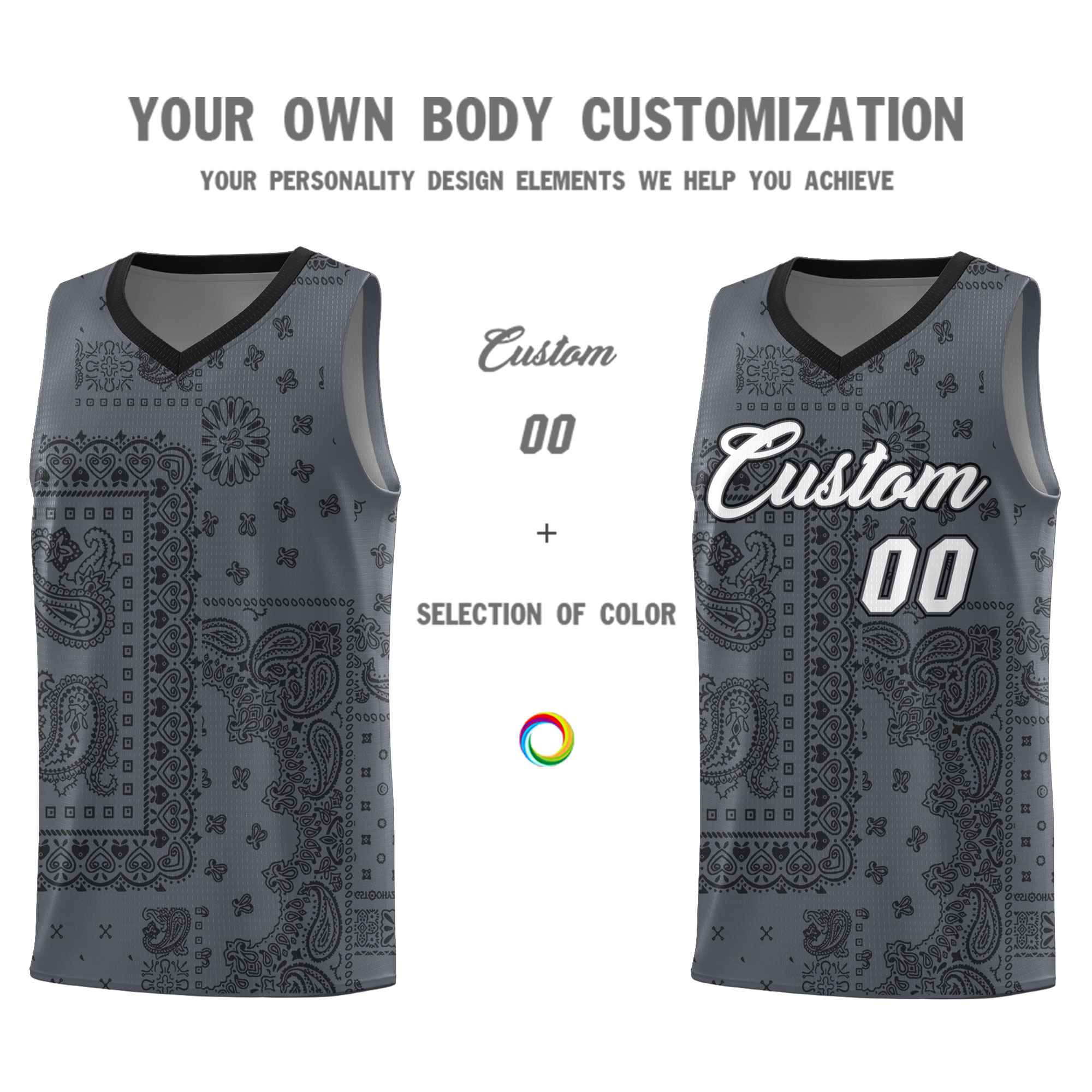 Custom Gray Basketball Kits With Black Cashew Flower Print Pattern