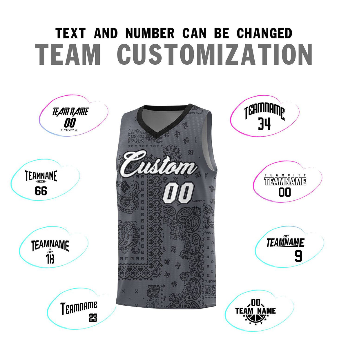 Custom Gray Basketball Kits With Black Cashew Flower Print Pattern