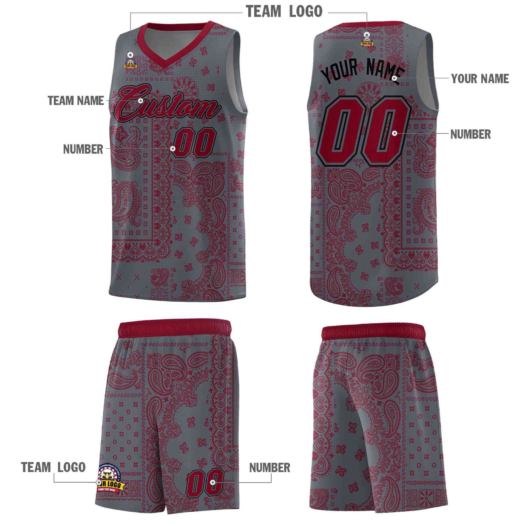 Custom Gray Basketball Kits With Crimson Cashew Flower Print Pattern