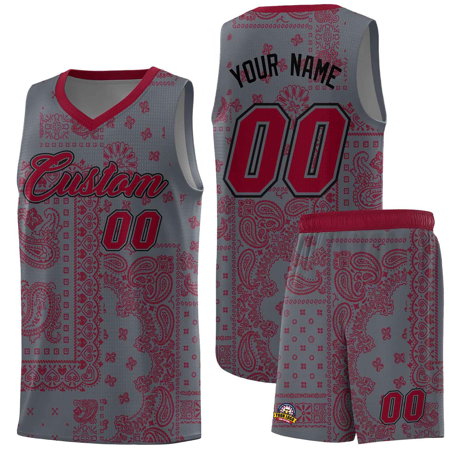 Custom Gray Basketball Kits With Crimson Cashew Flower Print Pattern