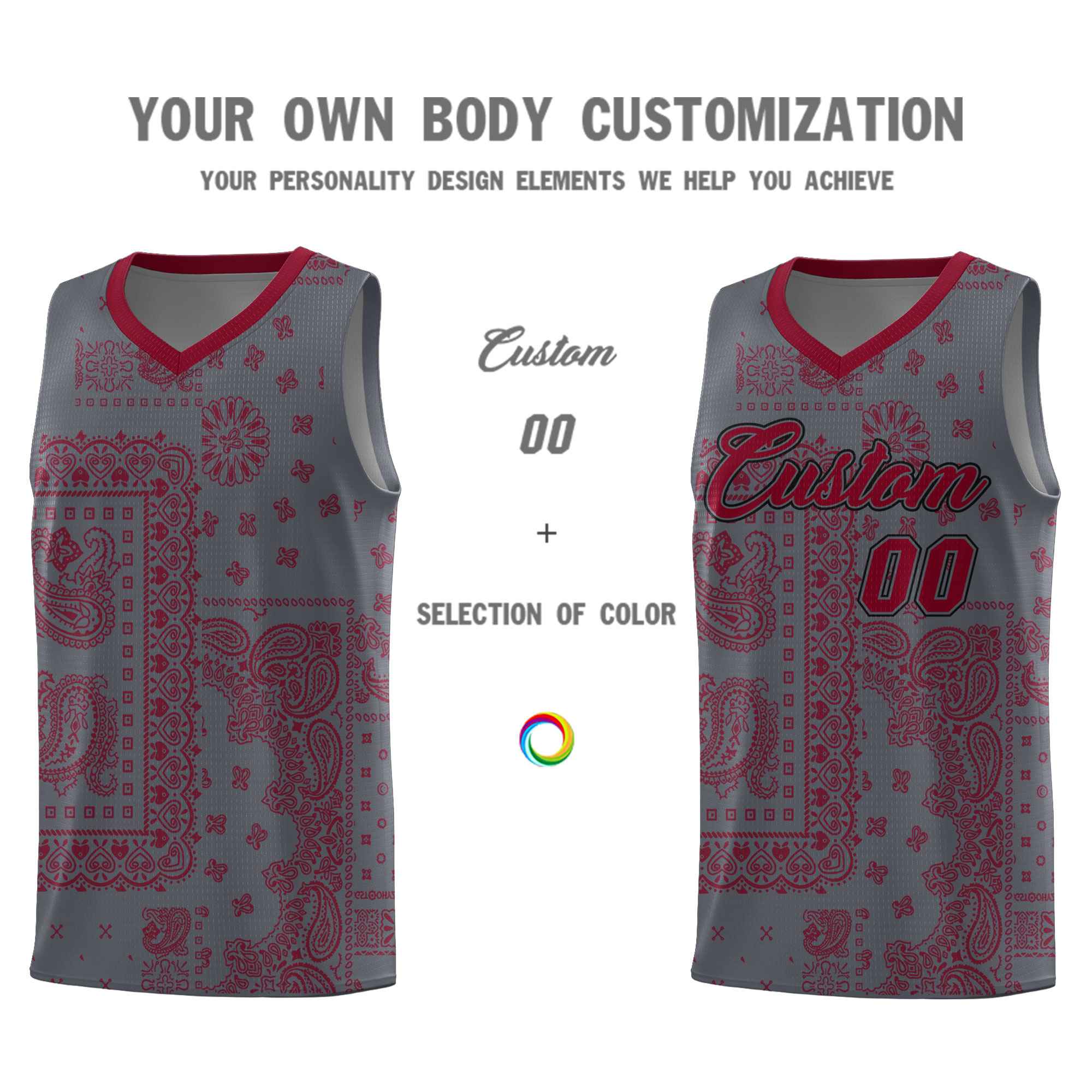Custom Gray Basketball Kits With Crimson Cashew Flower Print Pattern