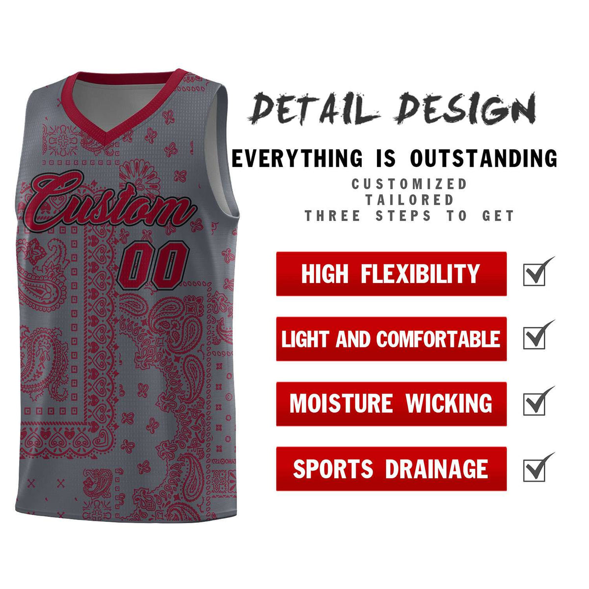 Custom Gray Basketball Kits With Crimson Cashew Flower Print Pattern