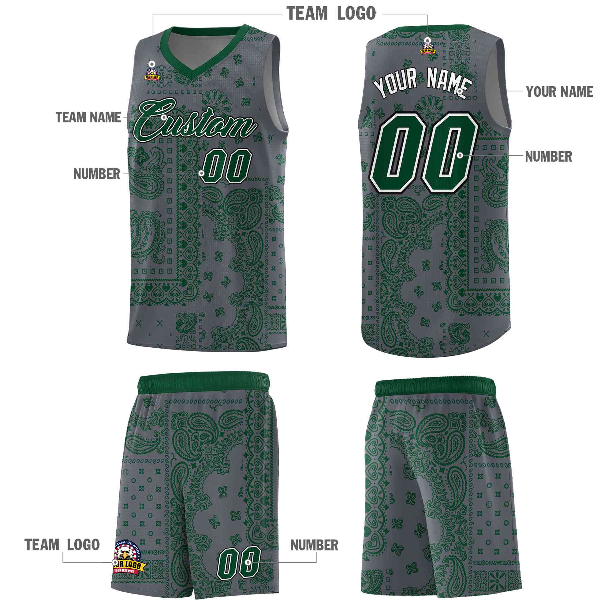 Custom Gray Basketball Kits With Kelly Green Cashew Flower Print Pattern