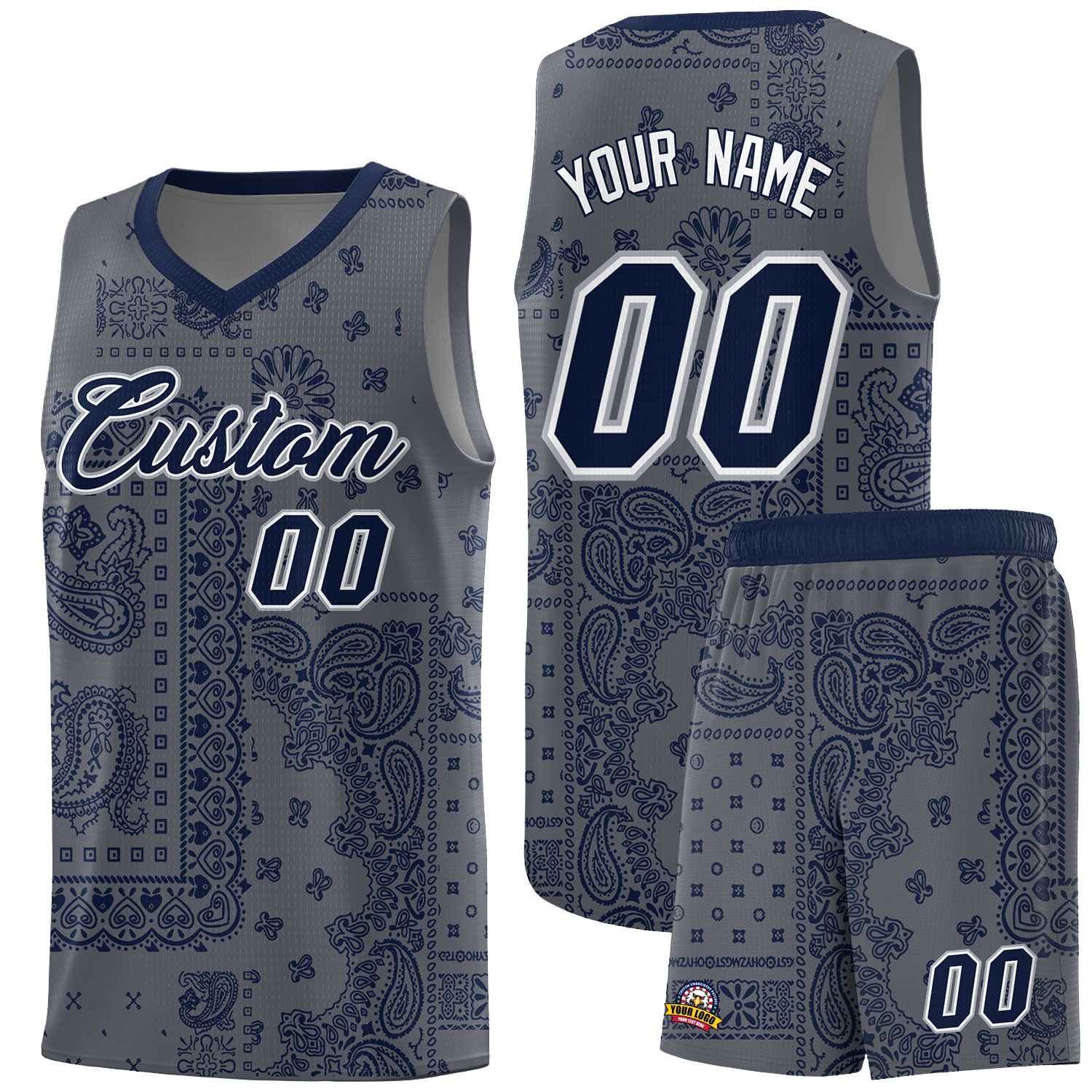 Custom Gray Basketball Kits With Navy Cashew Flower Print Pattern