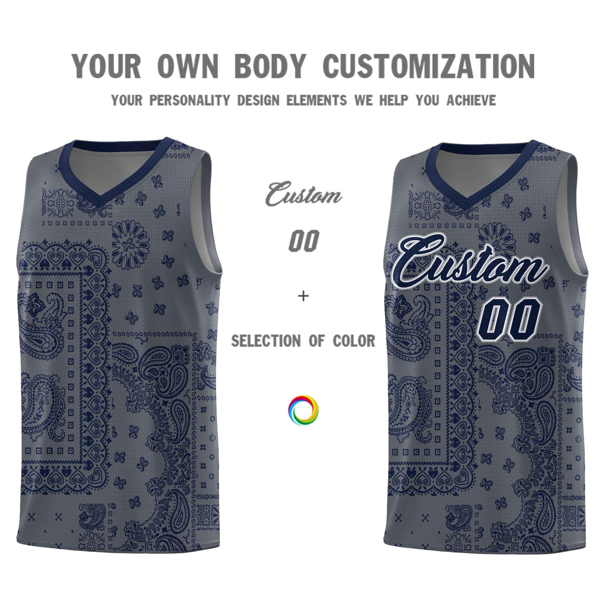 Custom Gray Basketball Kits With Navy Cashew Flower Print Pattern