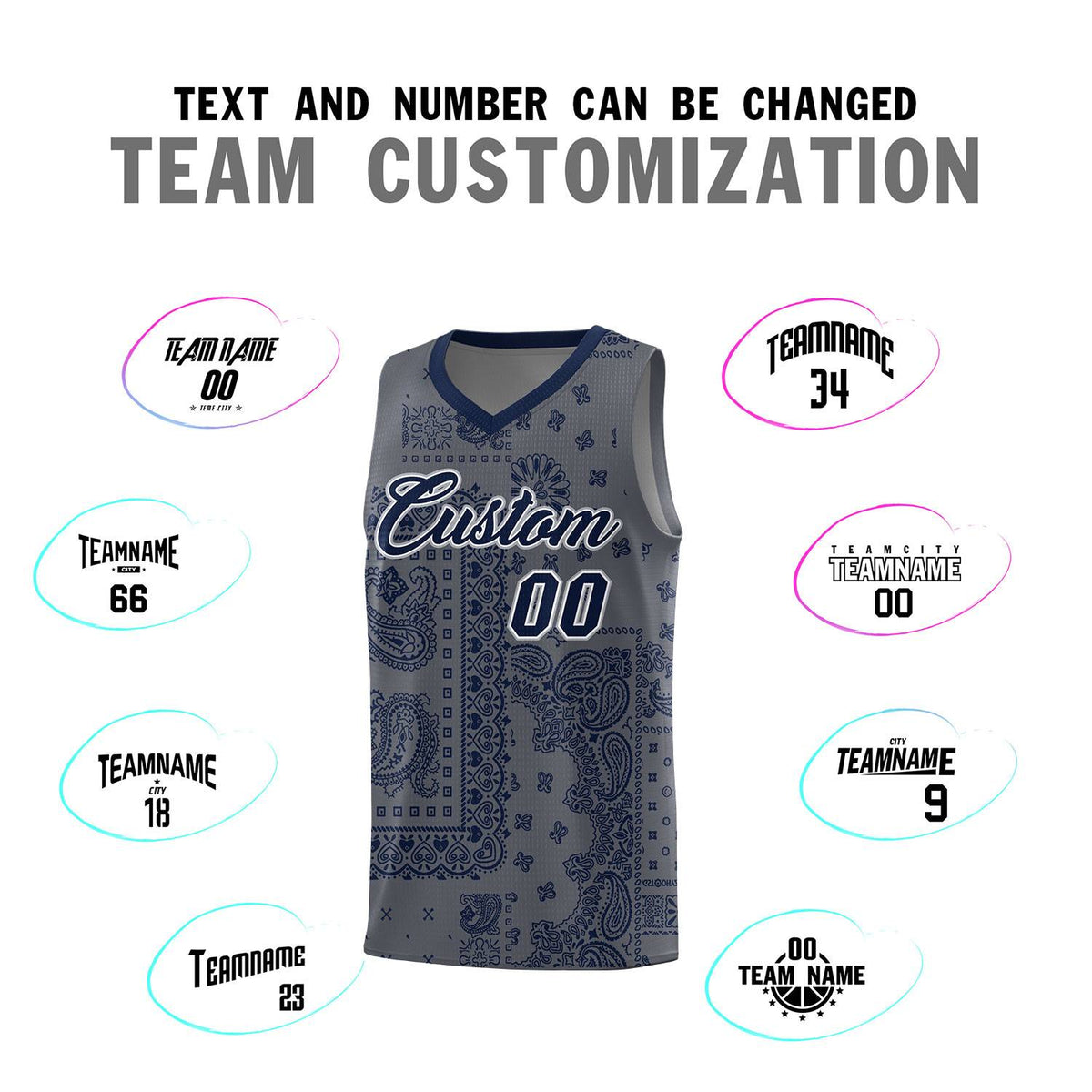 Custom Gray Basketball Kits With Navy Cashew Flower Print Pattern